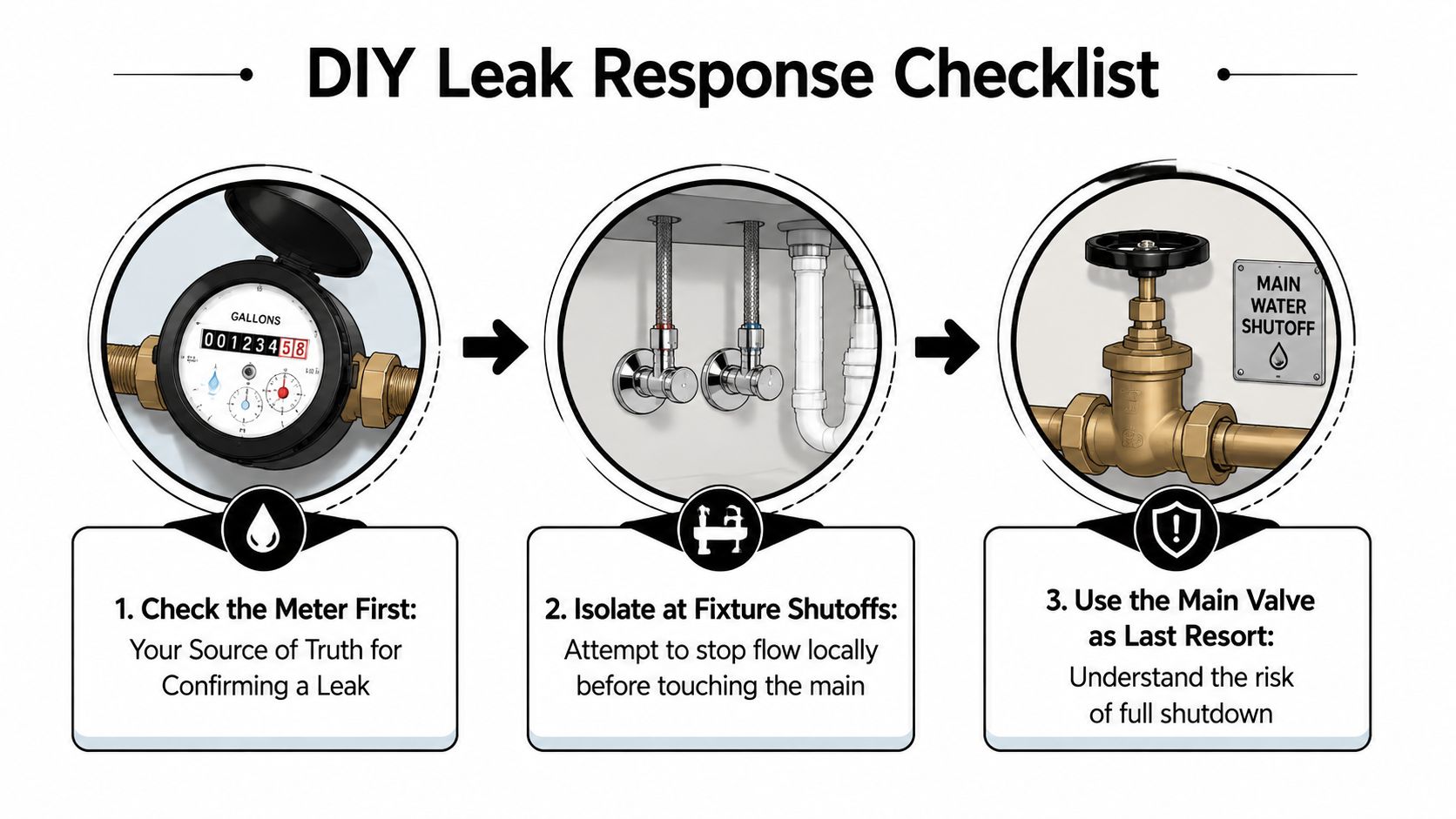 A three-step DIY checklist infographic for identifying and managing water leaks in a home plumbing system.