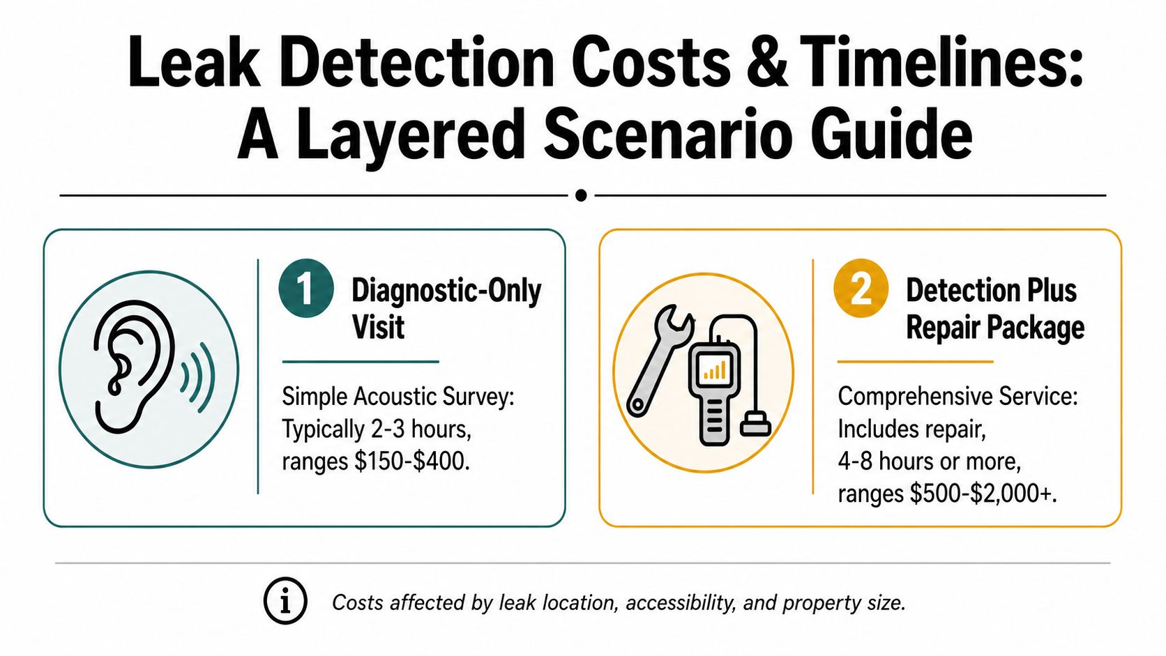 A infographic explaining the costs and timelines for diagnostic-only versus detection plus repair water leak services.