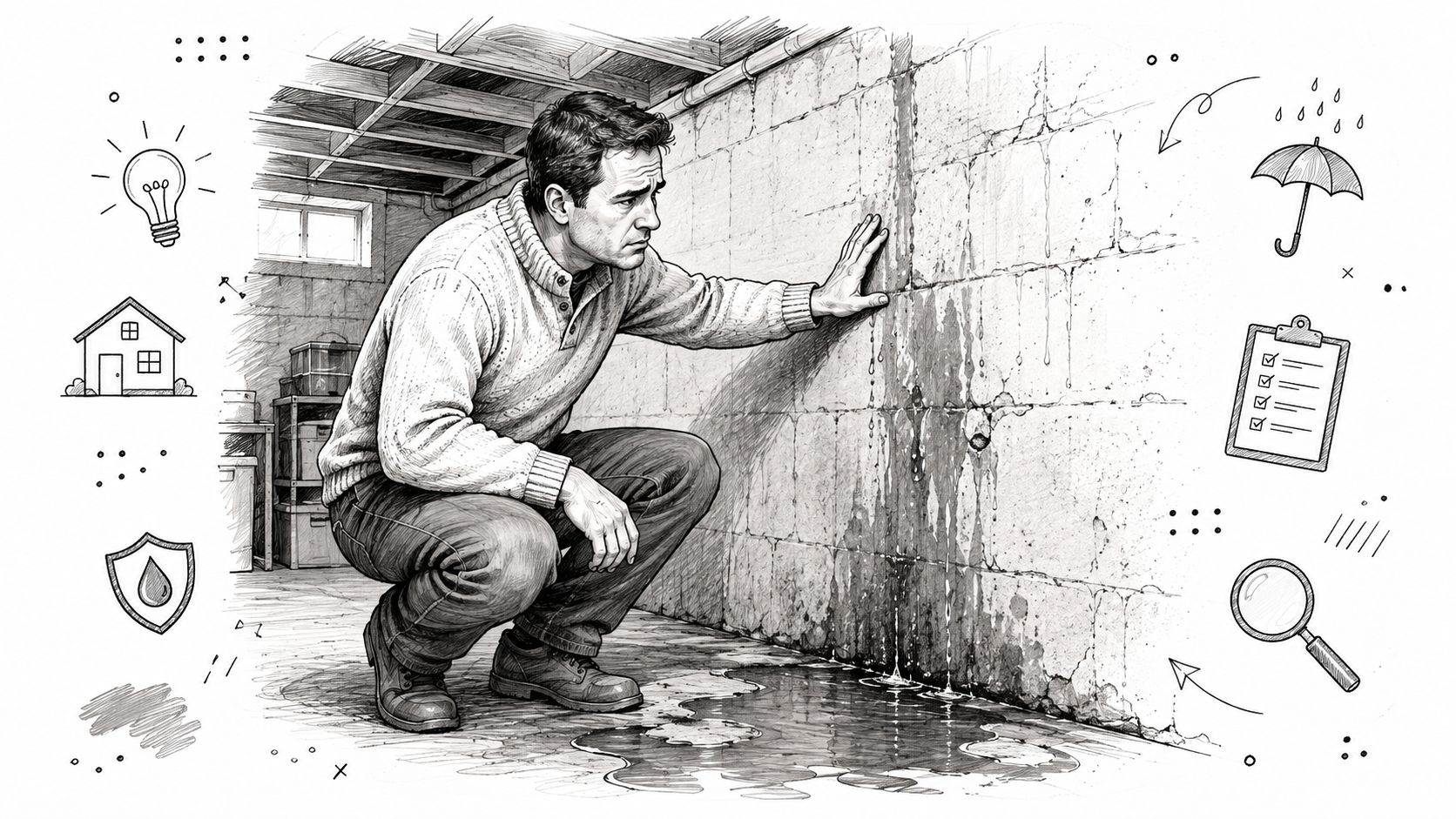 A concerned man inspecting a damp, leaking concrete basement wall with water pooling on the floor.