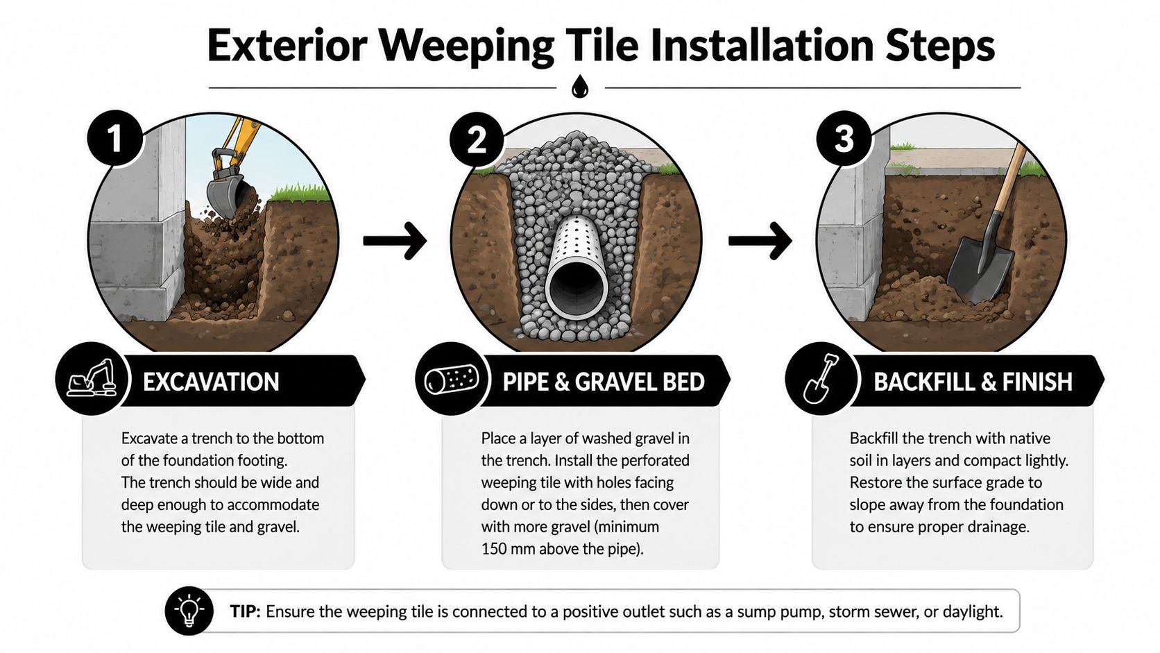 A three-step diagram illustrating the process for professional exterior weeping tile installation around a building foundation.
