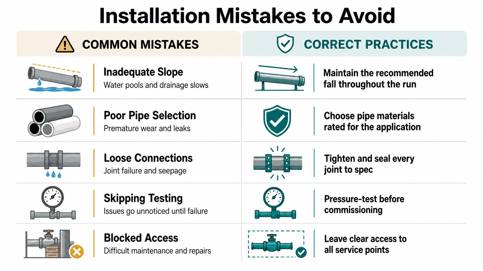 An infographic detailing common pipe installation mistakes to avoid versus recommended best practices for plumbing systems.