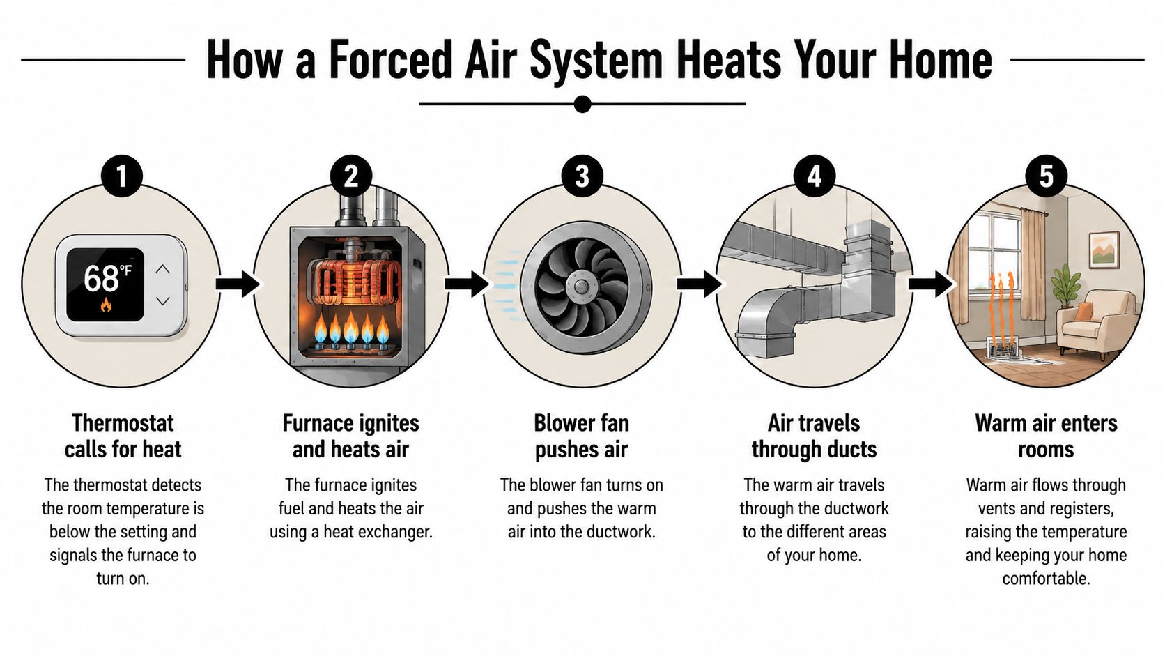 A five-step diagram showing how a home forced air heating system operates, from thermostat to warm air.