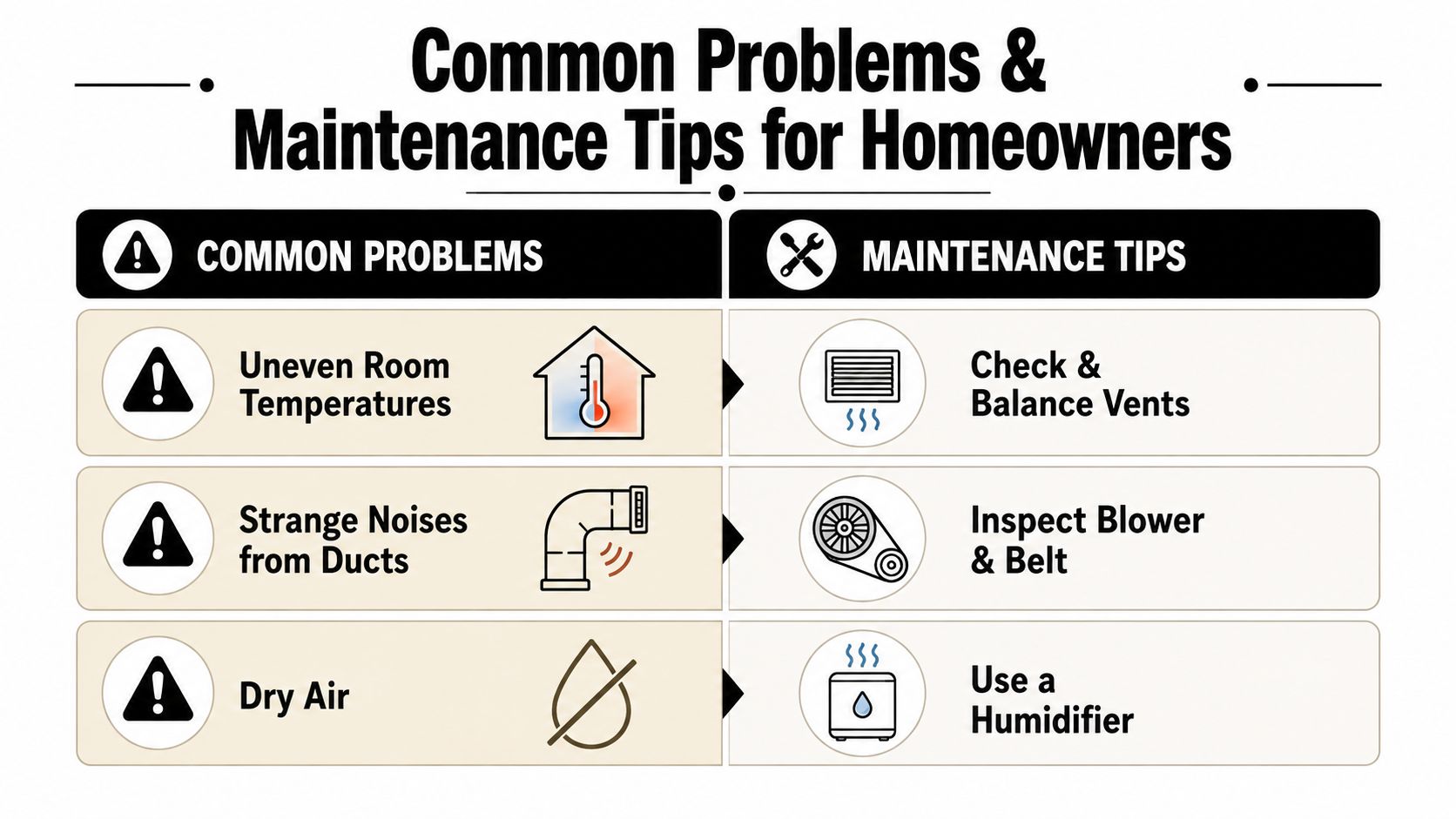 A table comparing common HVAC problems like uneven temperatures, noises, and dry air with maintenance tips.