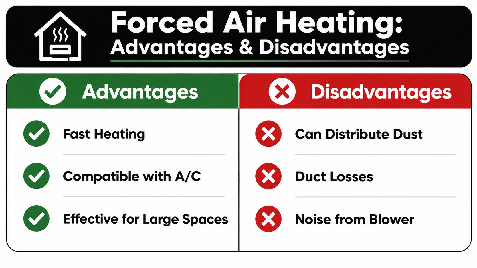 A comparison chart outlining the pros and cons of forced air heating systems for residential homes.