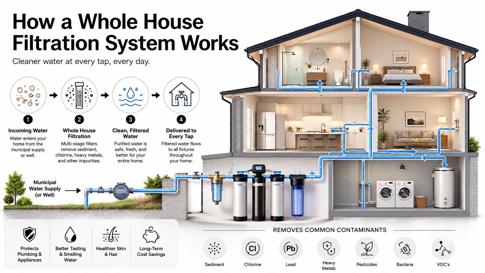 A diagram illustrating how a whole house water filtration system purifies municipal or well water.