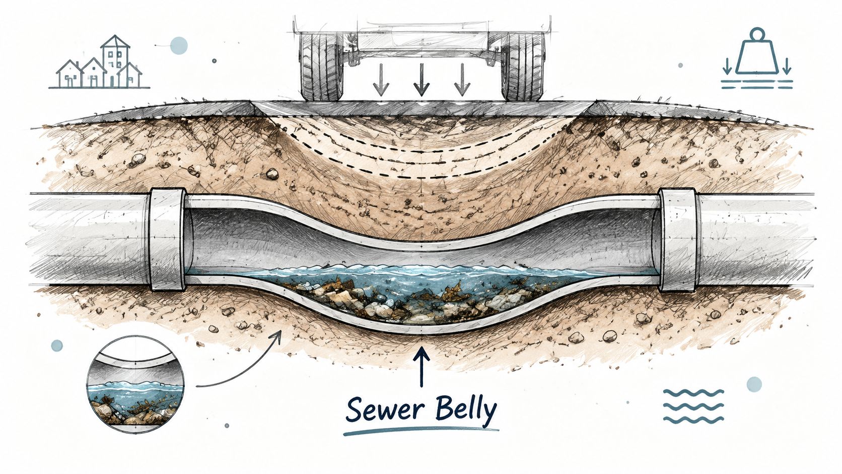 A diagram illustrating a sewer belly caused by ground settlement under a road surface with debris.
