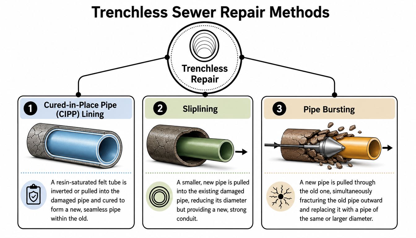 A diagram explaining three common trenchless sewer repair methods including CIPP lining, sliplining, and pipe bursting.