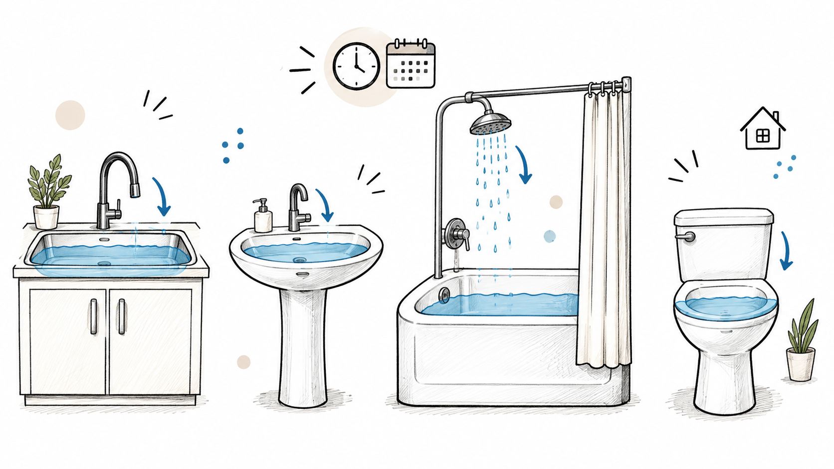 A hand-drawn illustration showing water backups in a kitchen sink, bathroom sink, bathtub, and toilet.