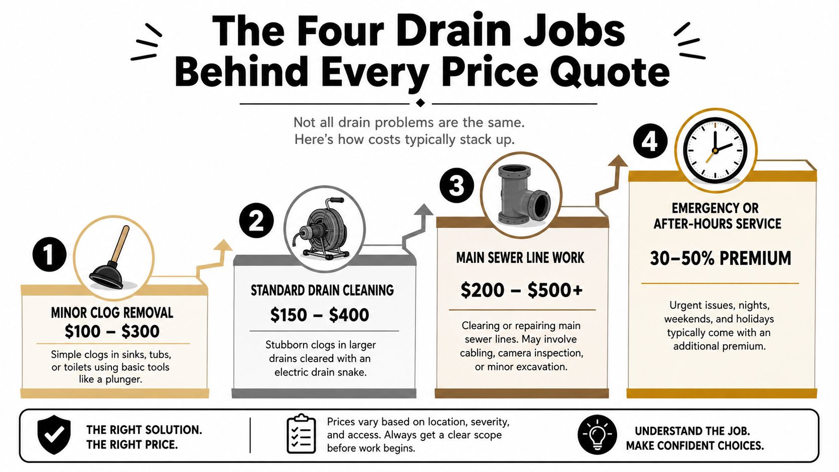 An infographic detailing the four main types of drain cleaning services and their associated price ranges.