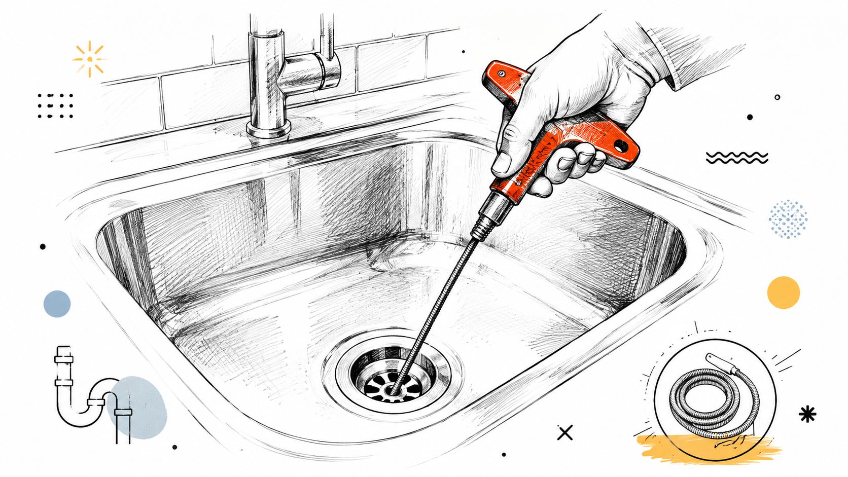 A hand using a red plumbing snake tool to clear a clogged kitchen sink drain.
