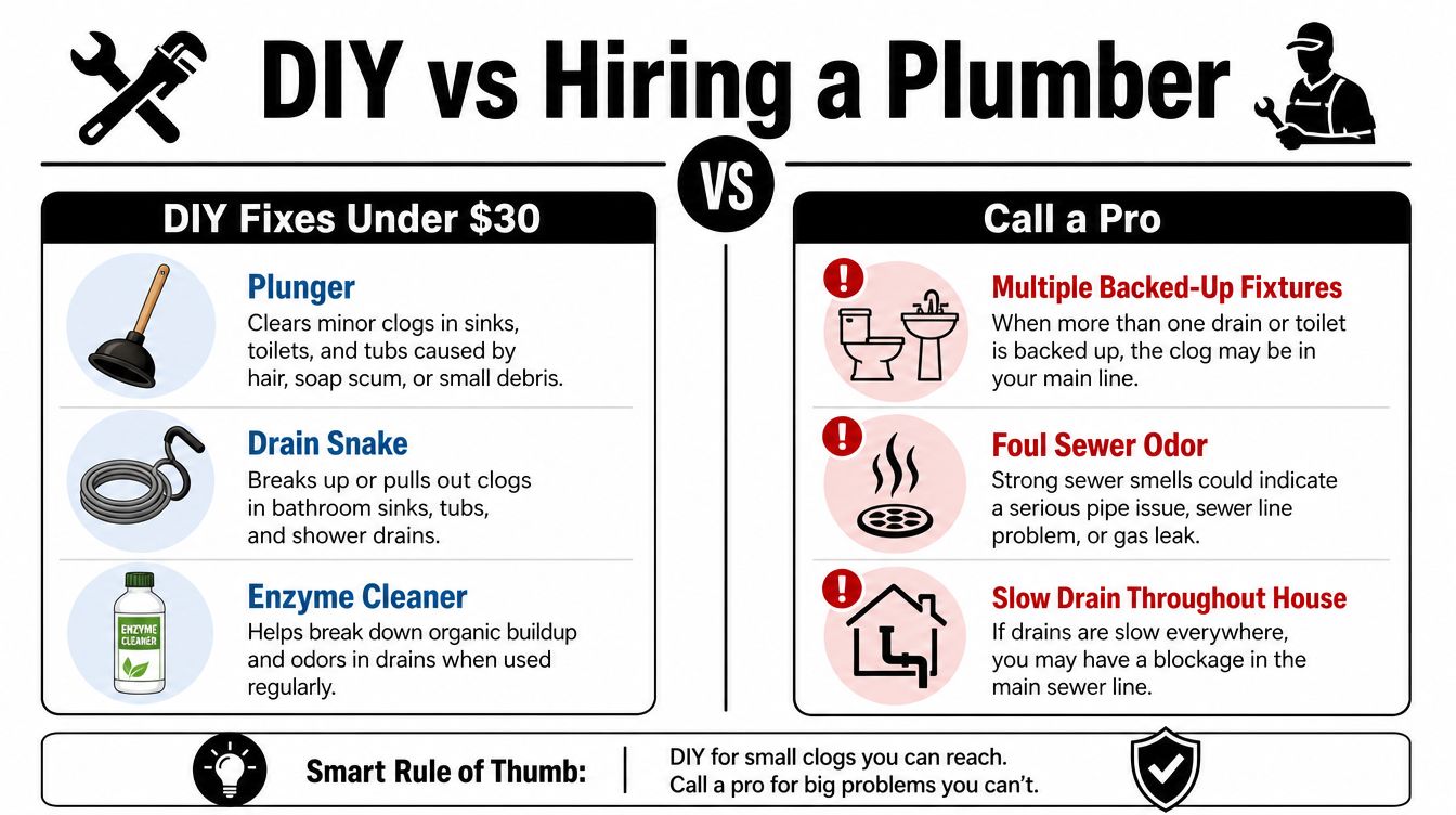 An infographic titled DIY vs Hiring a Plumber detailing which plumbing issues you can fix yourself and which require professional help.