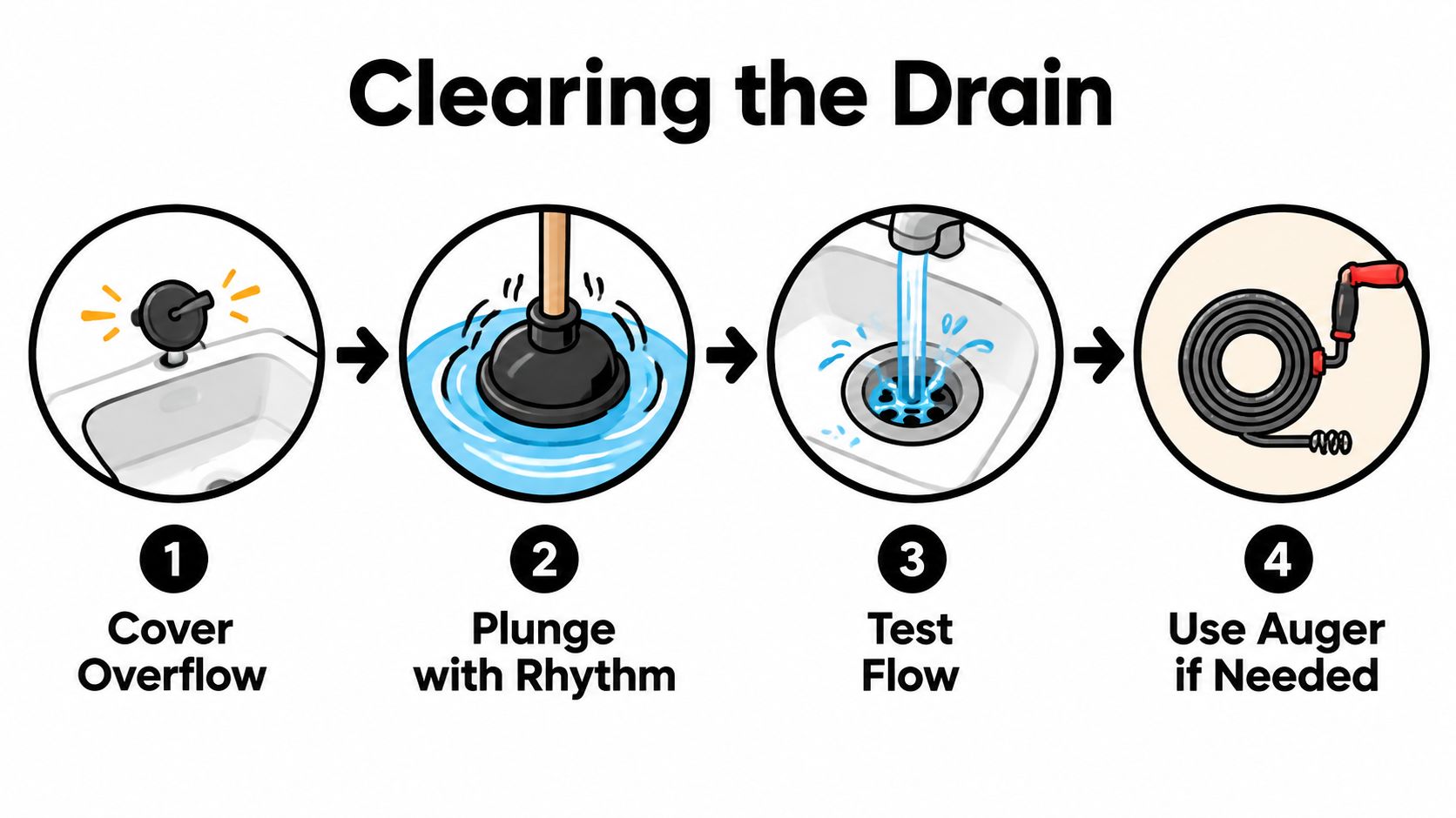 An infographic showing four simple steps to clear a blocked sink drain using a plunger and auger.