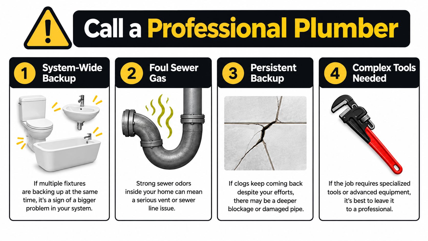 An infographic titled Call a Professional Plumber explaining four common signs when you should hire plumbing services.