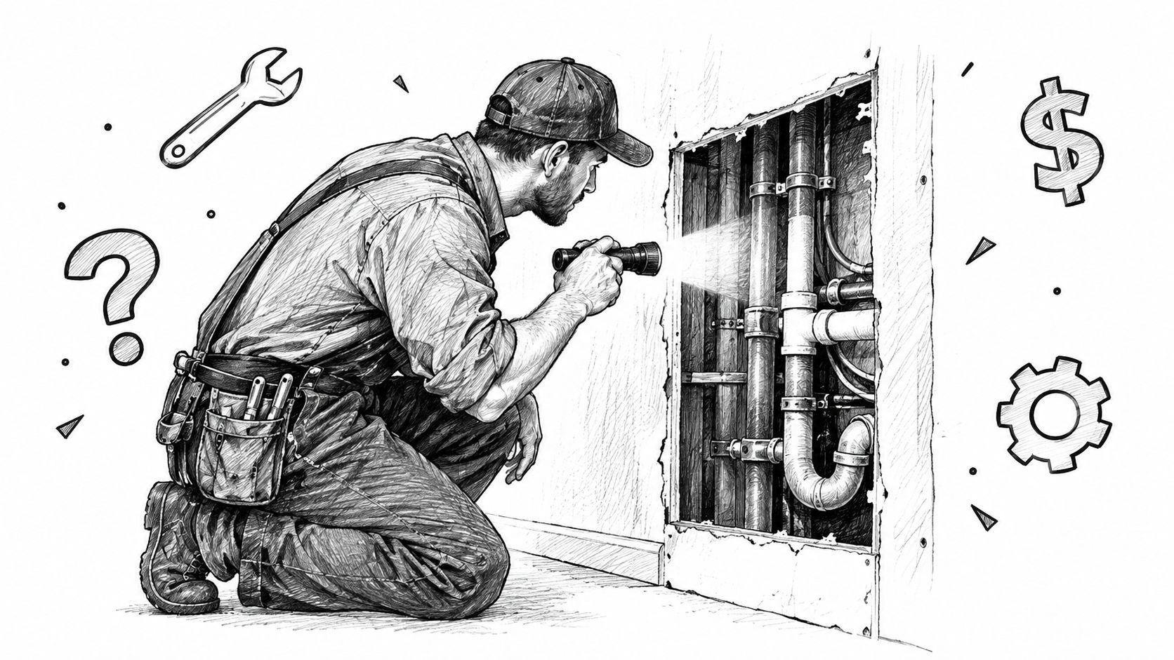 A plumber wearing a cap and overalls inspects exposed plumbing pipes inside a wall using a flashlight.