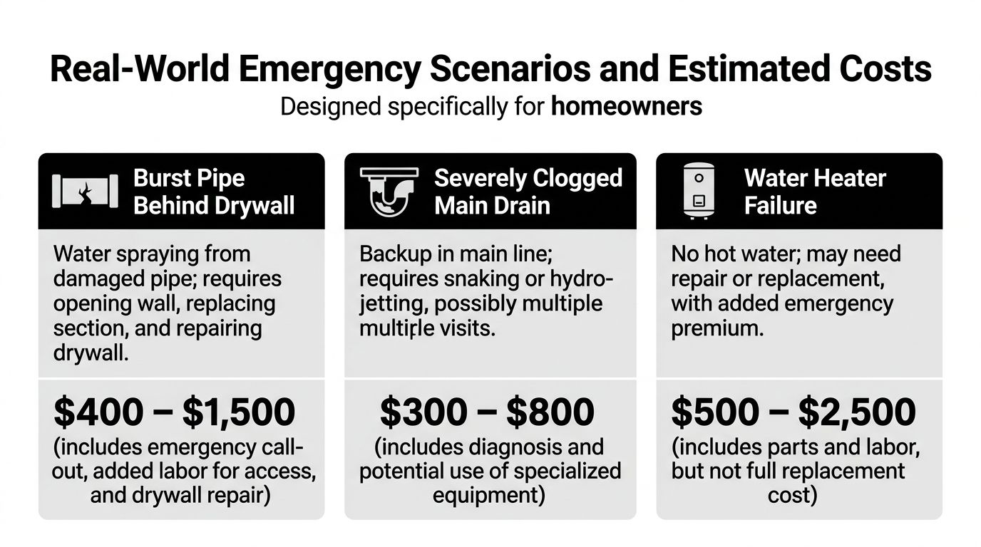 A chart showing estimated emergency plumbing costs for a burst pipe, clogged main drain, and water heater failure.