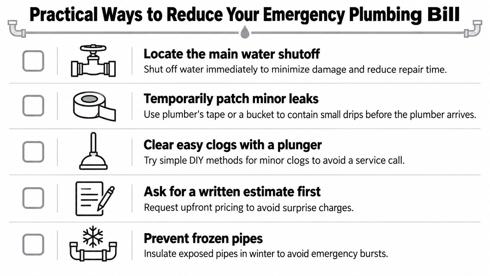 An infographic list showing five practical tips to reduce emergency plumbing costs for homeowners and residents.