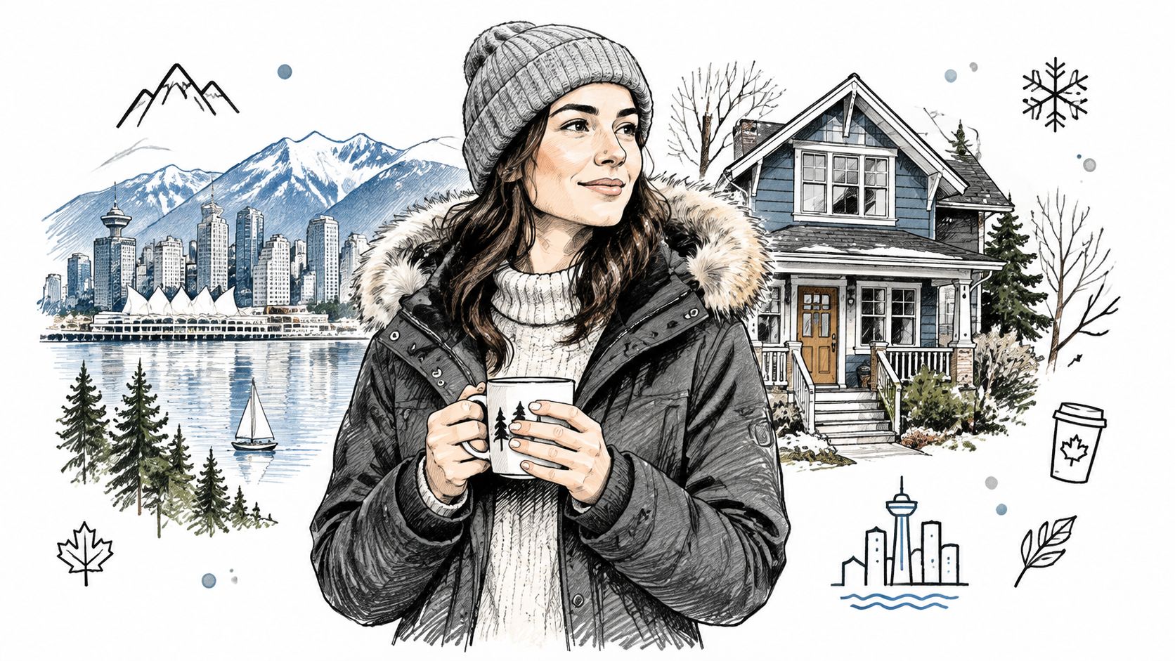 A cozy woman holding a coffee mug with a Canadian city winter background and house illustration.