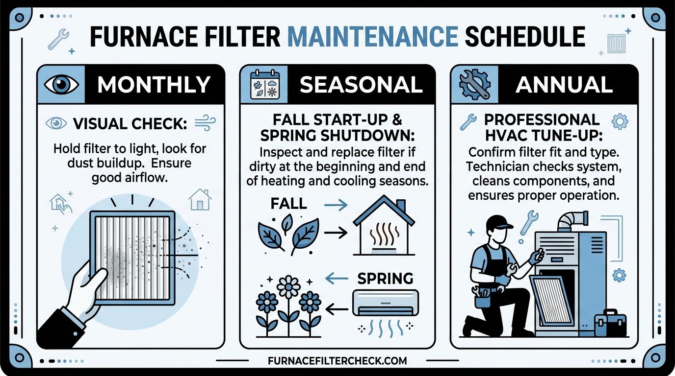 An infographic detailing the monthly, seasonal, and annual maintenance schedule for residential furnace air filters.
