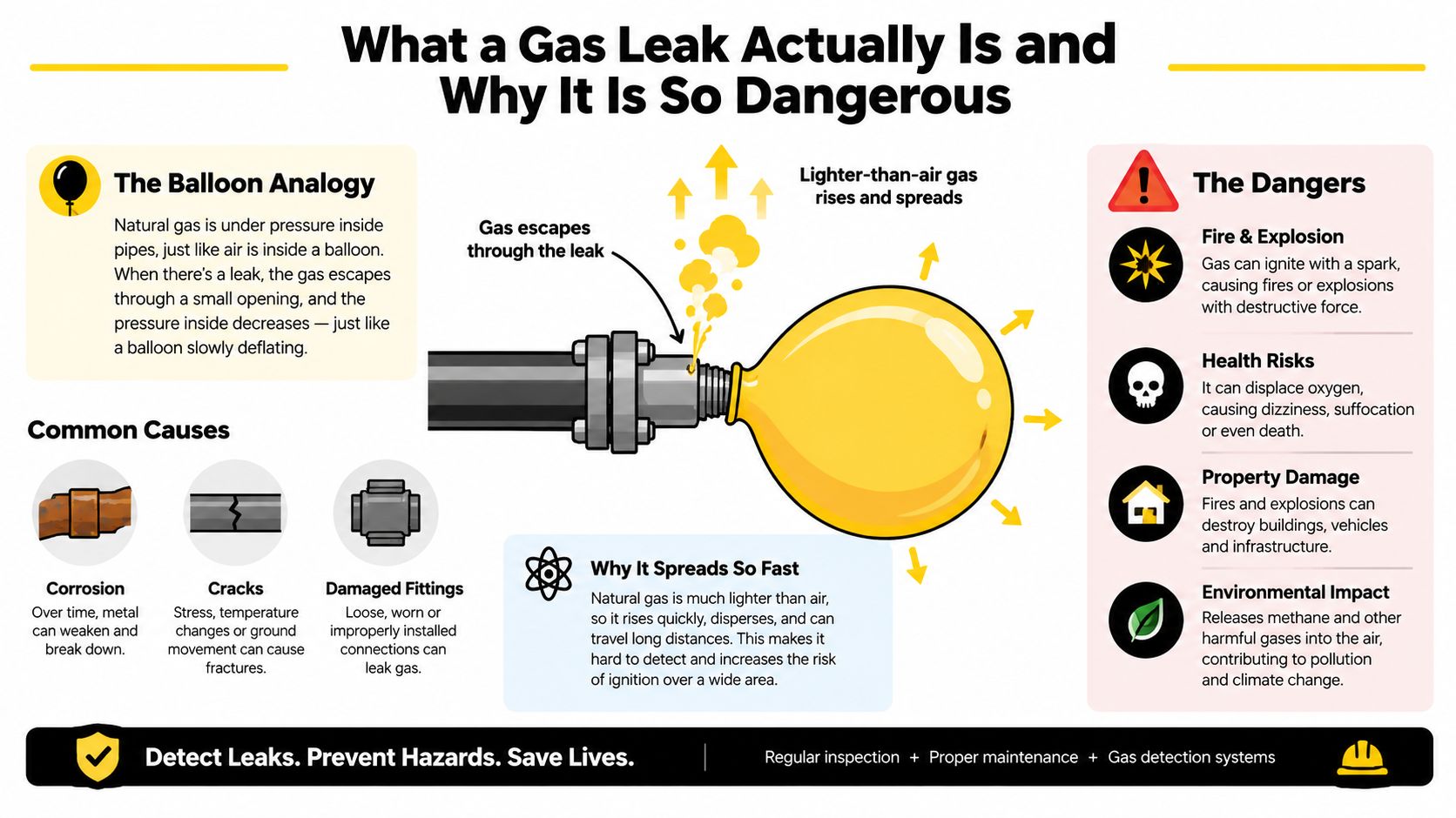An infographic explaining the dangers, causes, and mechanisms of natural gas leaks with safety prevention tips.