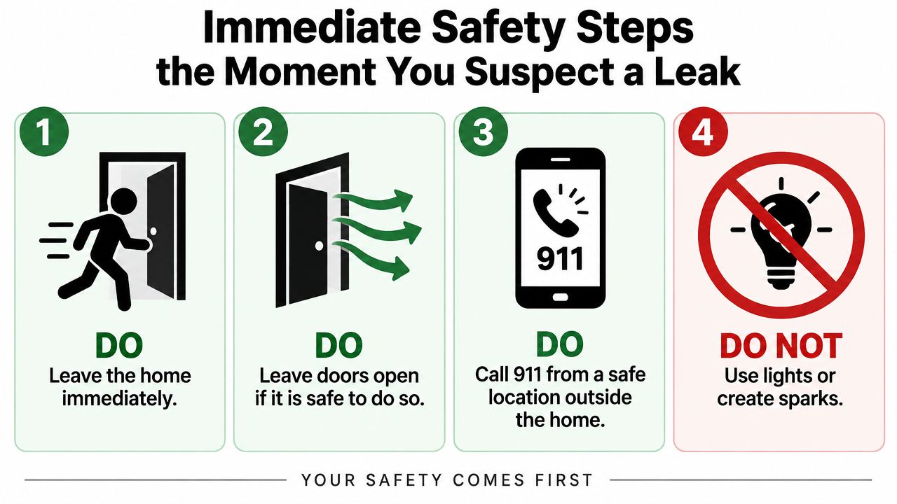 An infographic showing four critical safety steps to take immediately if you suspect a gas leak.