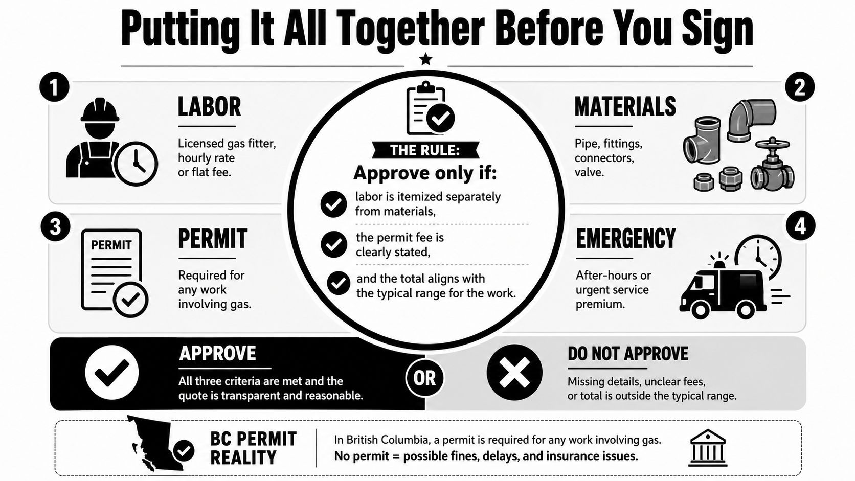 An infographic titled Putting It All Together Before You Sign, outlining essential considerations when reviewing gas repair quotes.