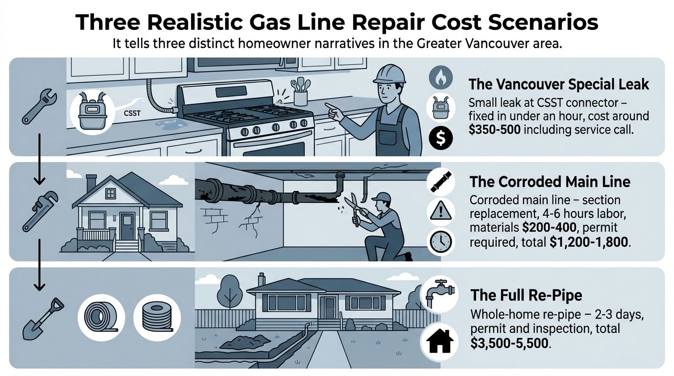 An infographic detailing three realistic gas line repair cost scenarios for homeowners in the Vancouver area.
