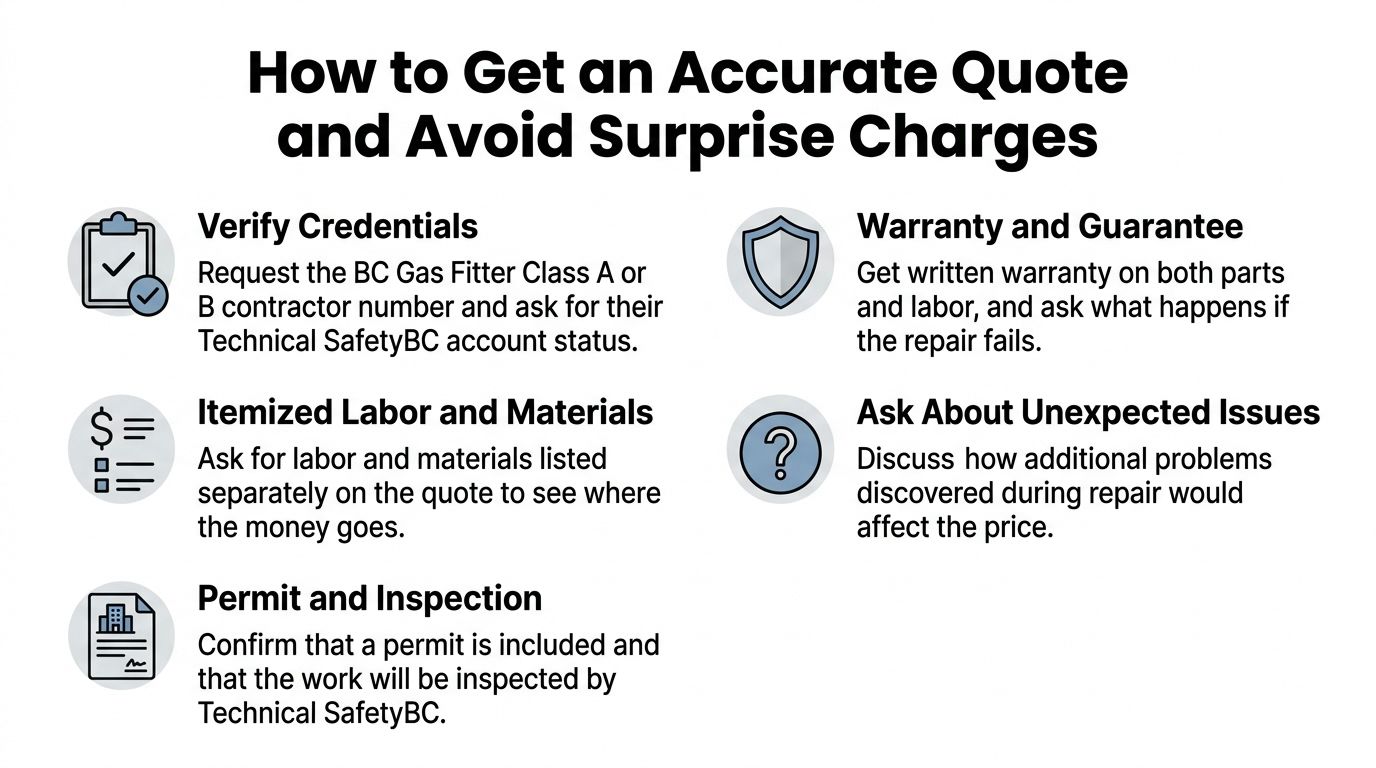 A checklist graphic titled How to Get an Accurate Quote and Avoid Surprise Charges for gas repairs.
