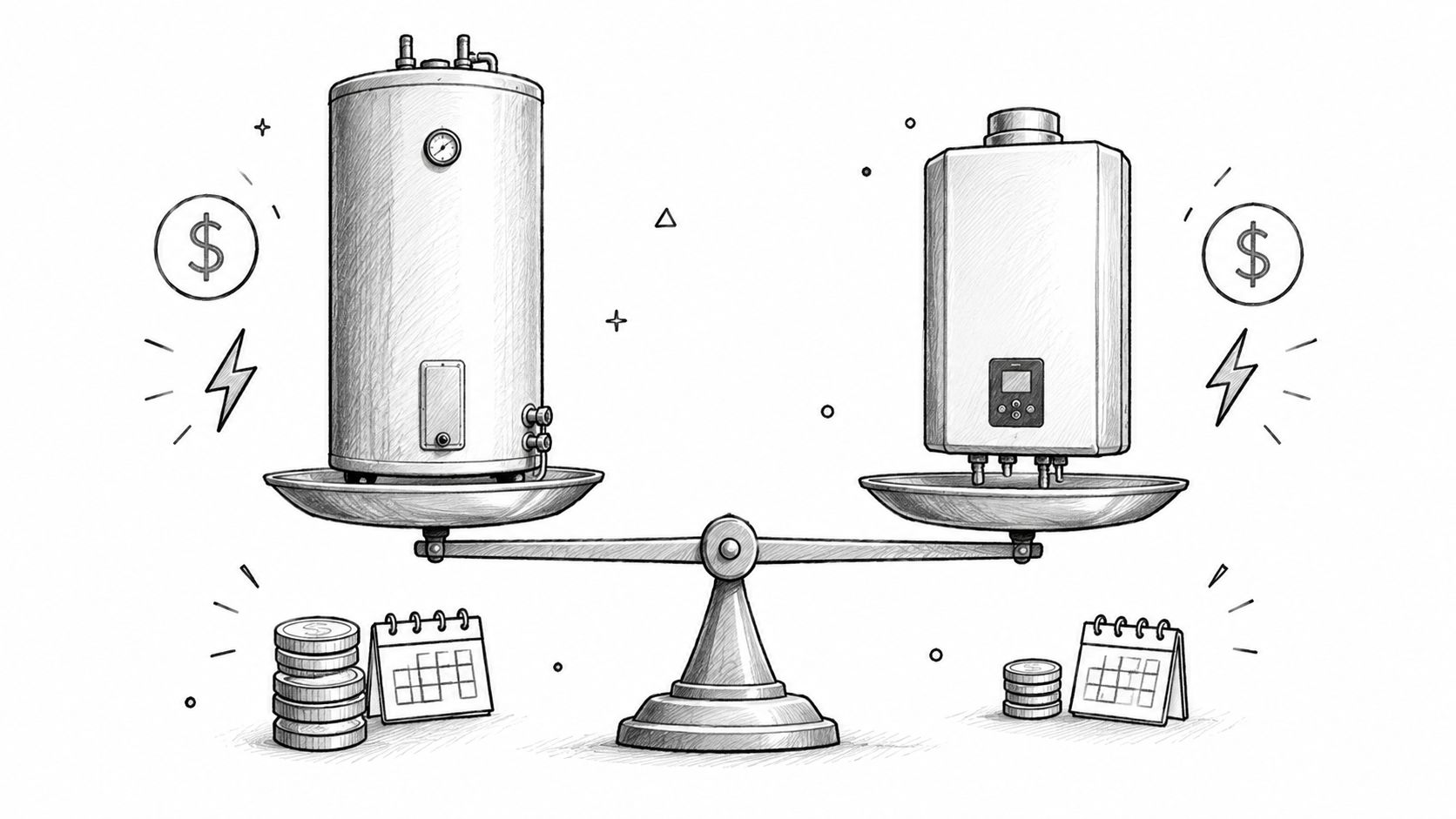 A hand-drawn illustration comparing a traditional hot water tank to a tankless hot water on demand system.
