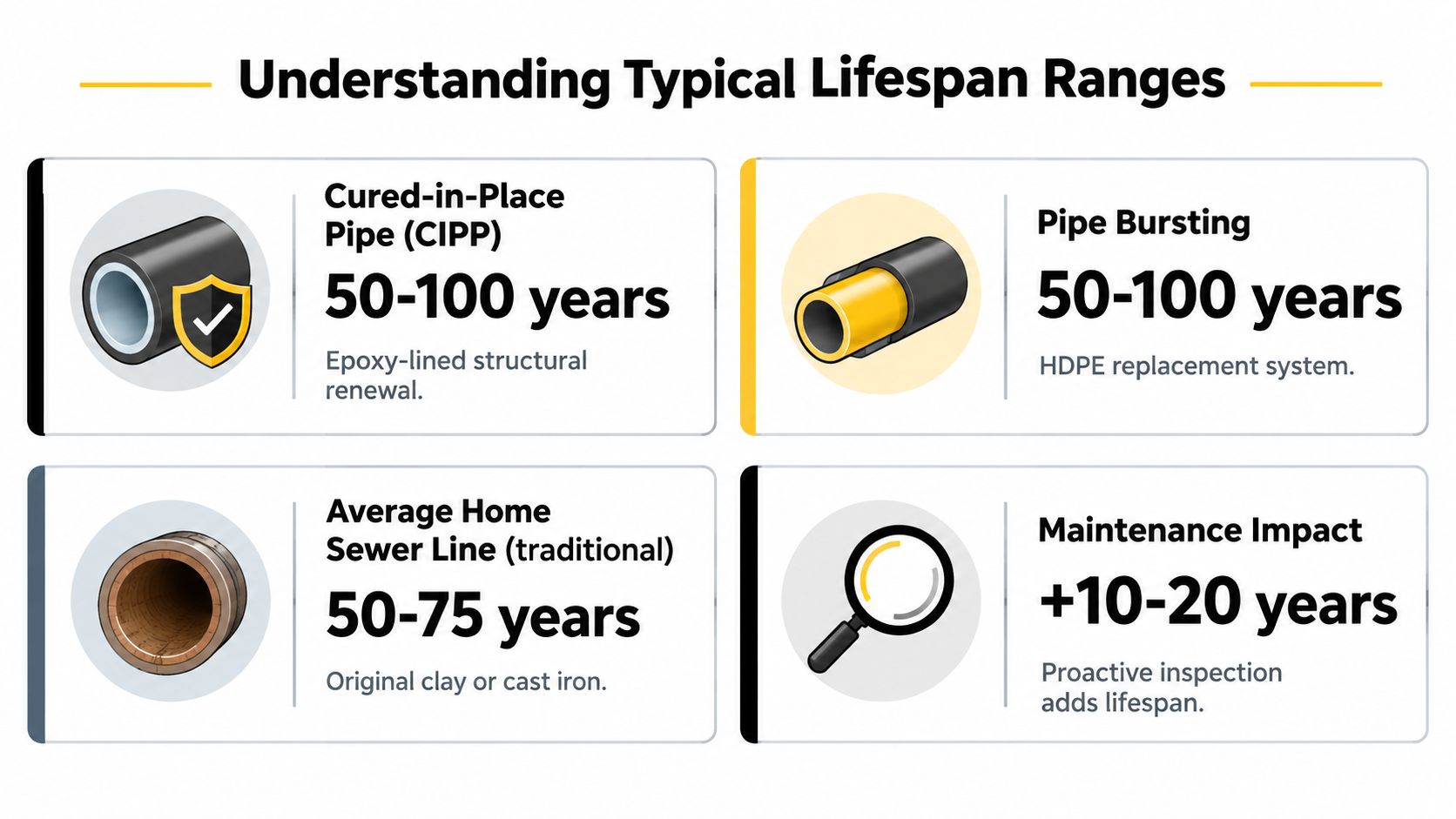 A chart comparing the typical lifespans of different sewer repair methods including CIPP, pipe bursting, and traditional lines.