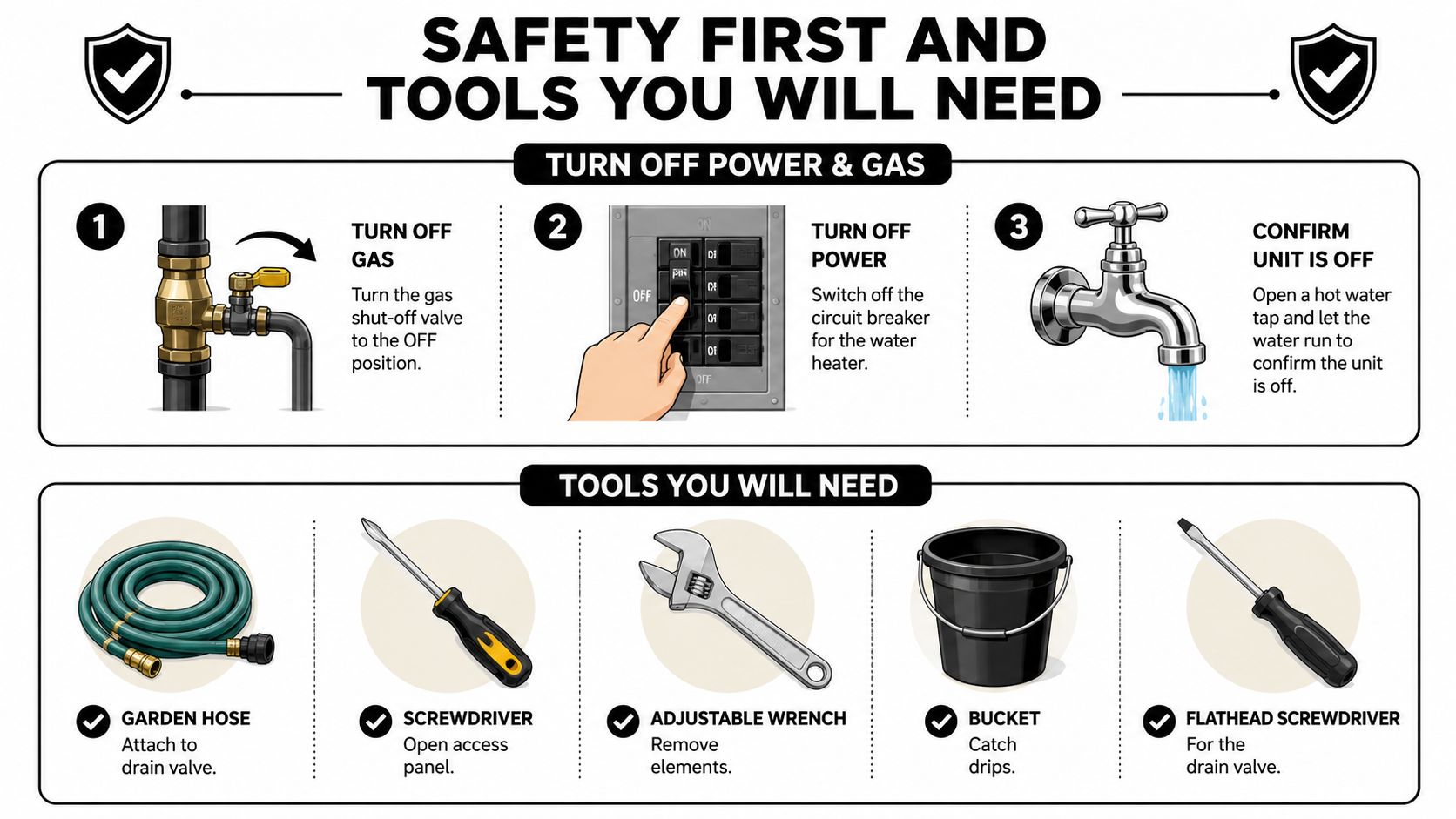 An infographic showing safety steps and tools required to prepare for flushing a water heater unit.