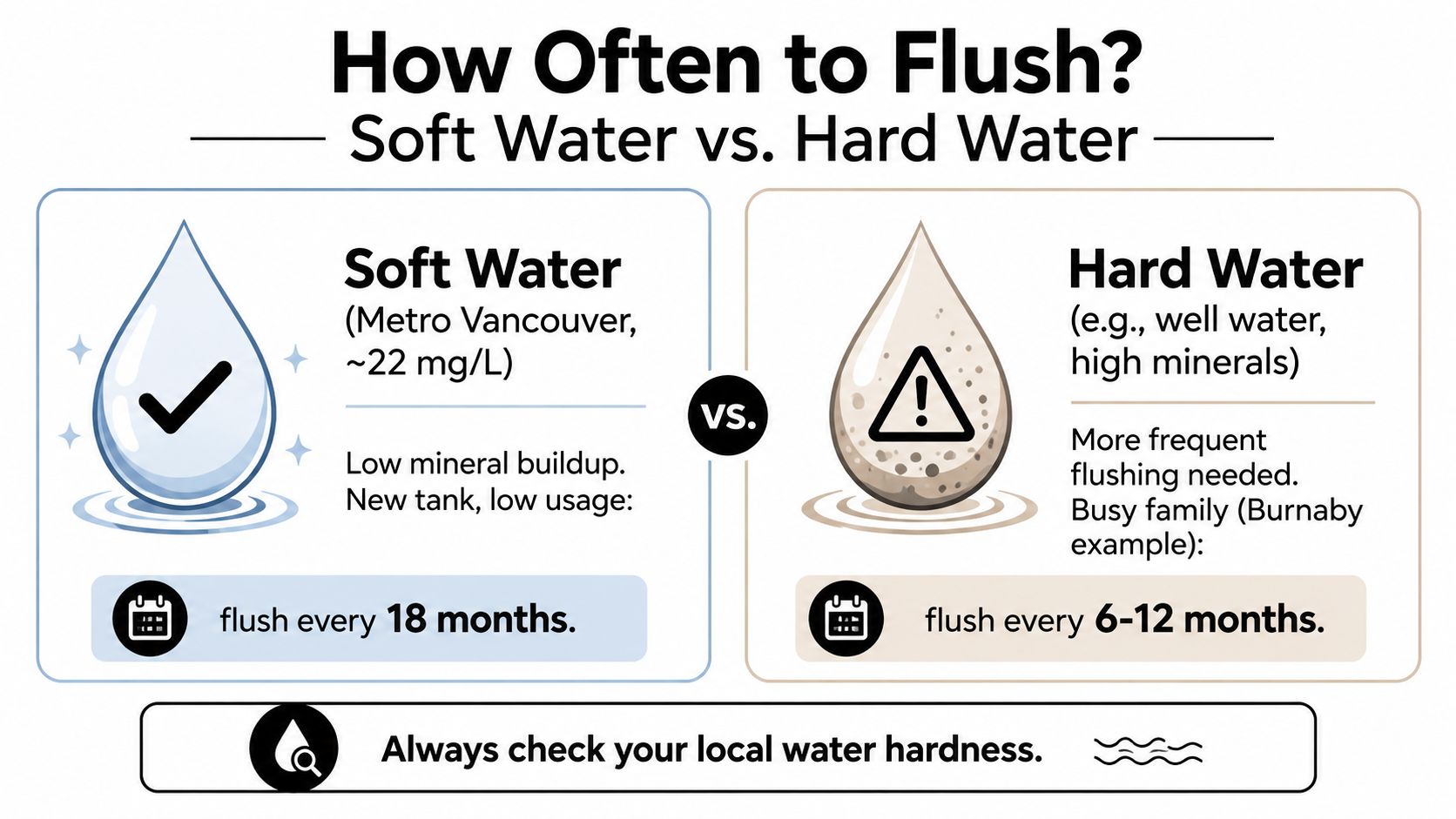 A comparison chart showing how often to flush soft water versus hard water tanks for maintenance.