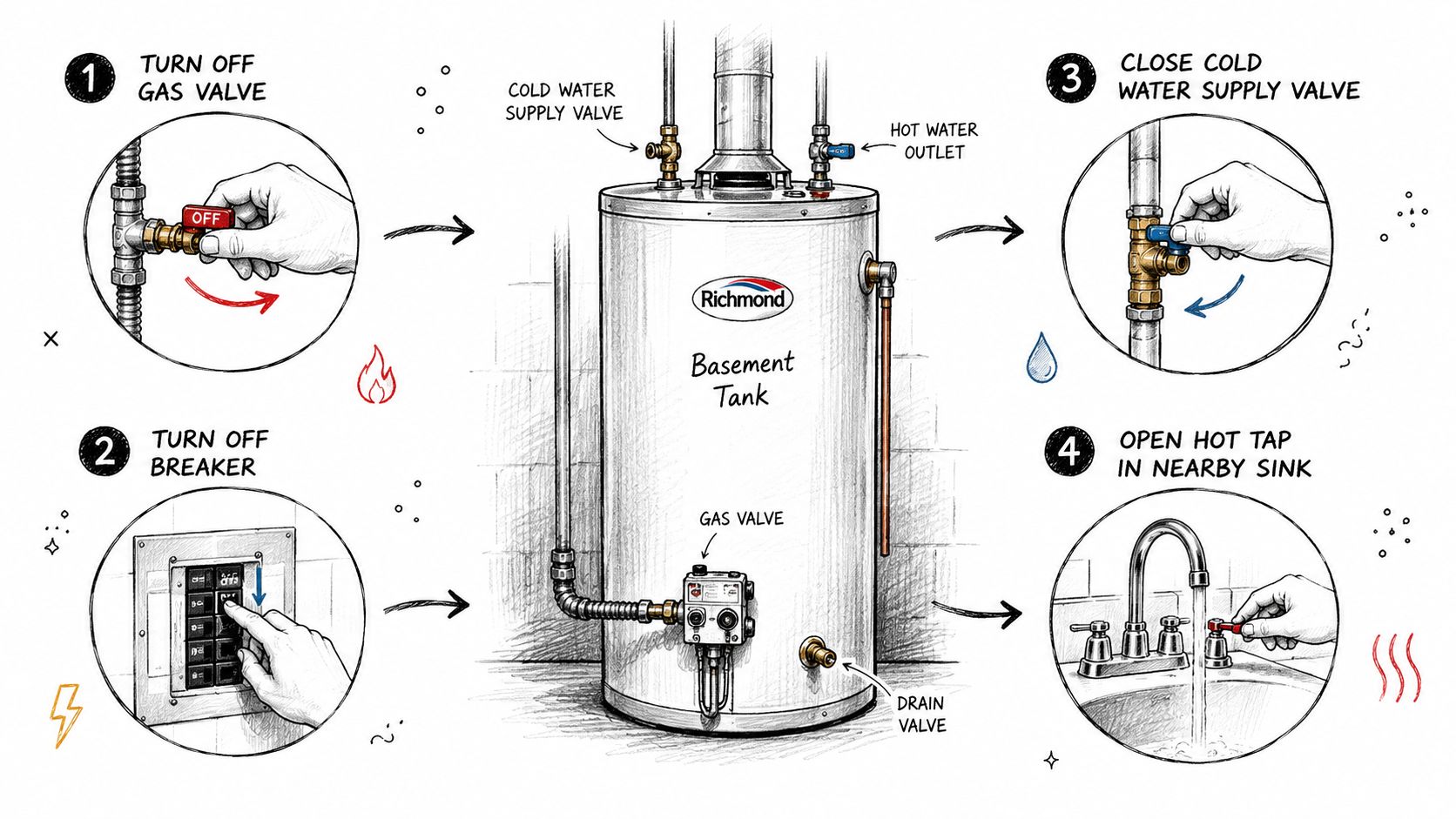 An illustrated guide showing four steps to turn off and prepare a Richmond gas water heater for maintenance.