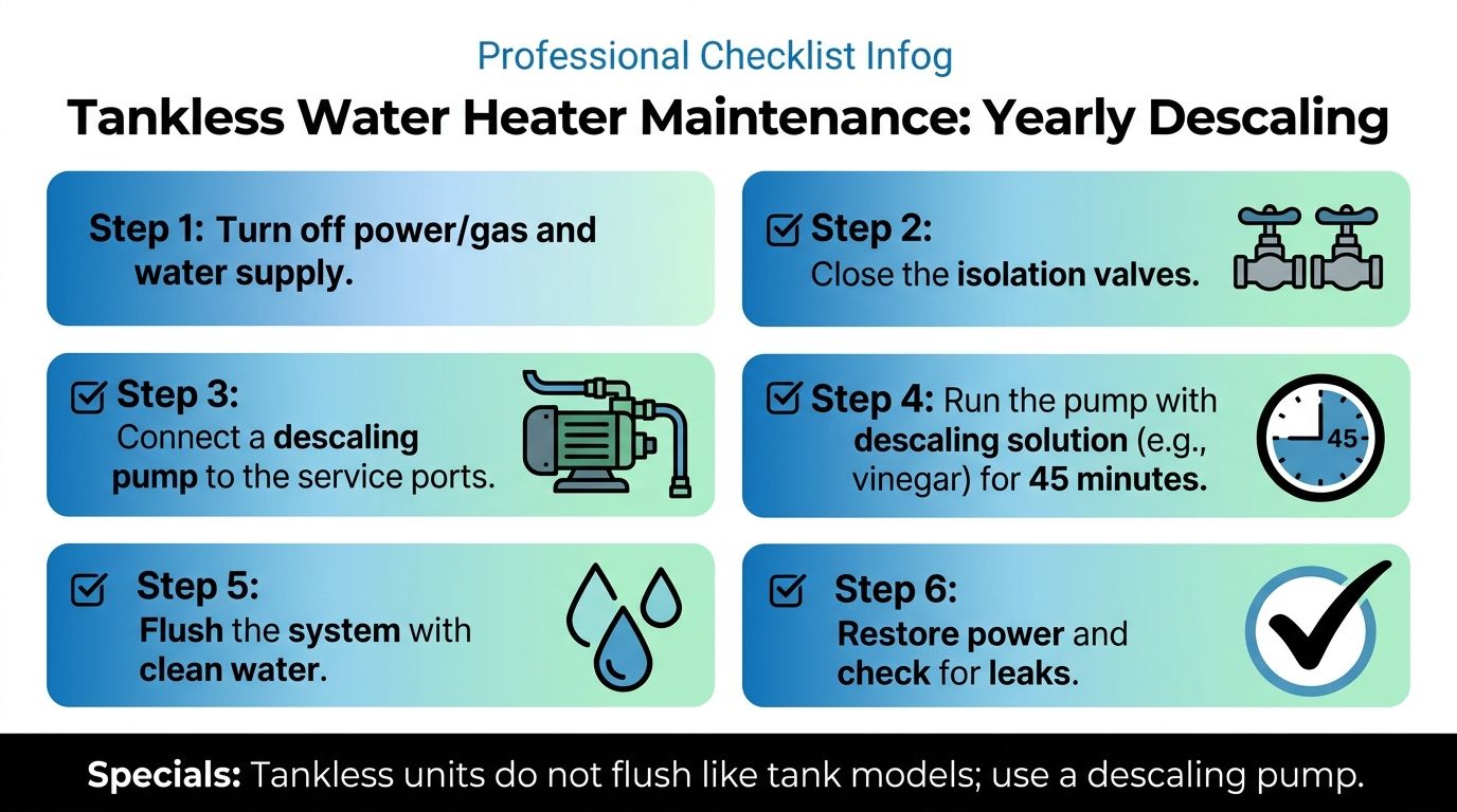 A professional checklist infographic detailing the six-step process for yearly descaling of a tankless water heater.