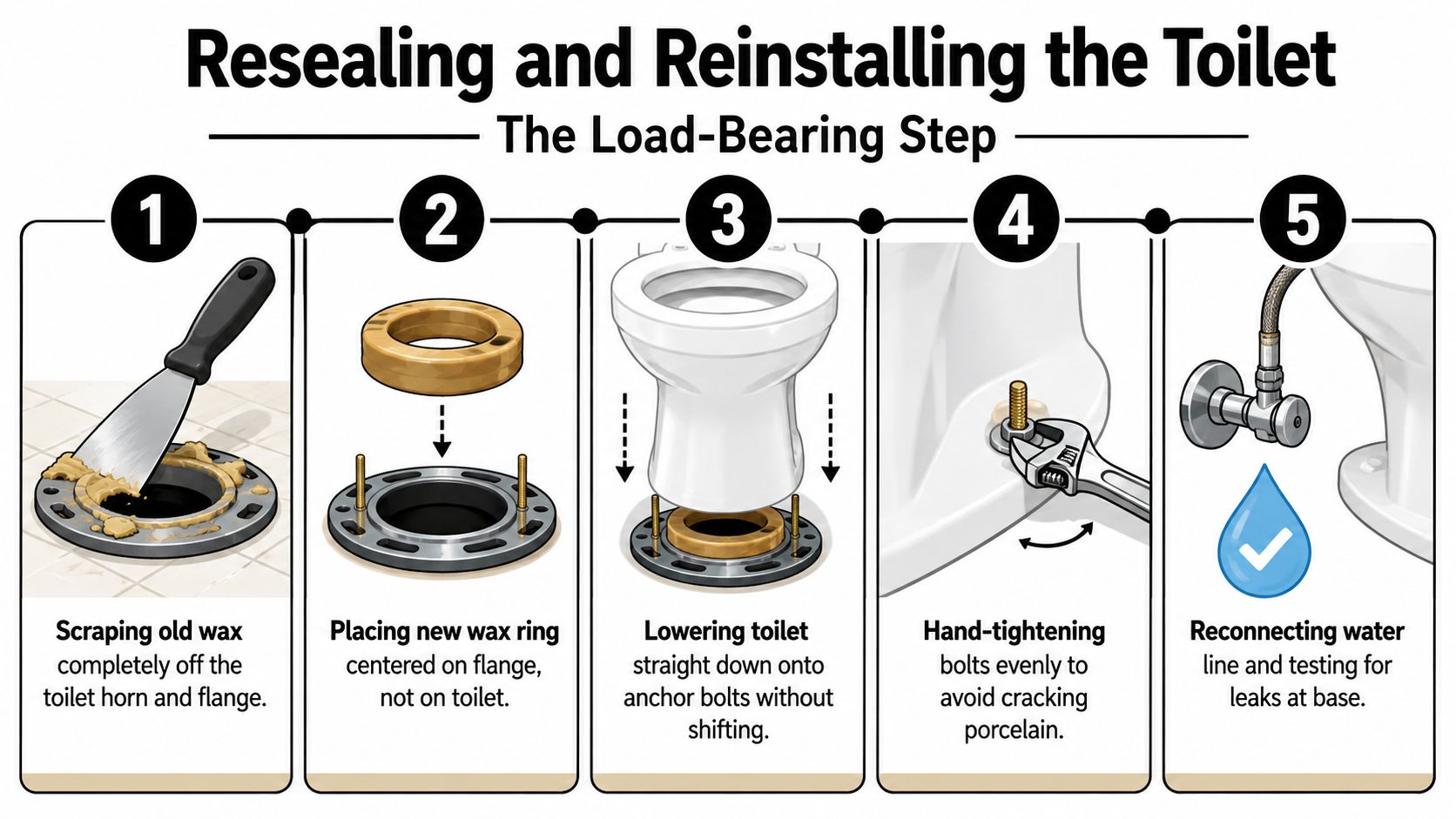 An infographic illustrating five steps for resealing and reinstalling a toilet including cleaning and wax ring placement.