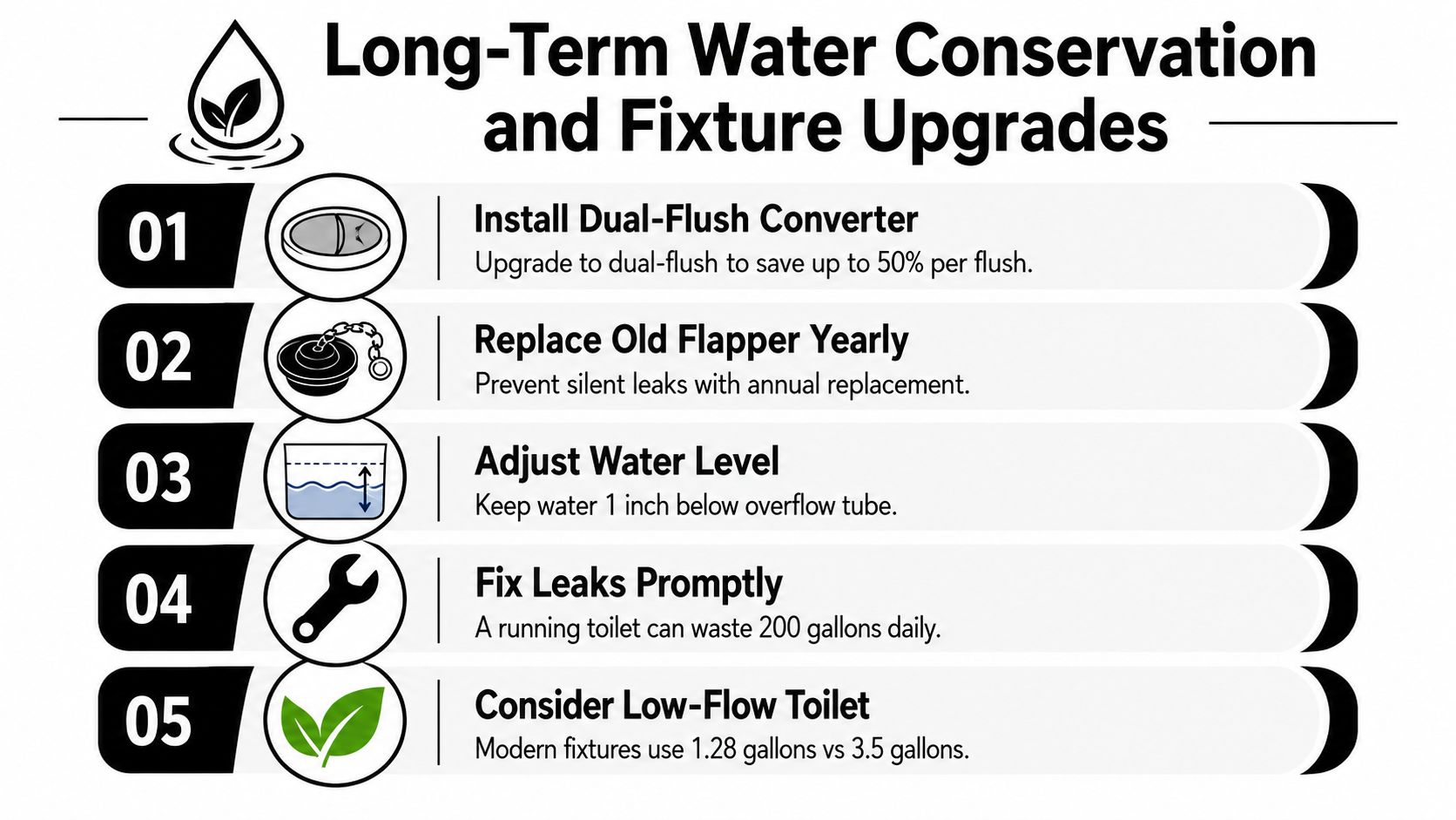 A list of five tips for long-term water conservation and toilet fixture upgrades to prevent water waste.