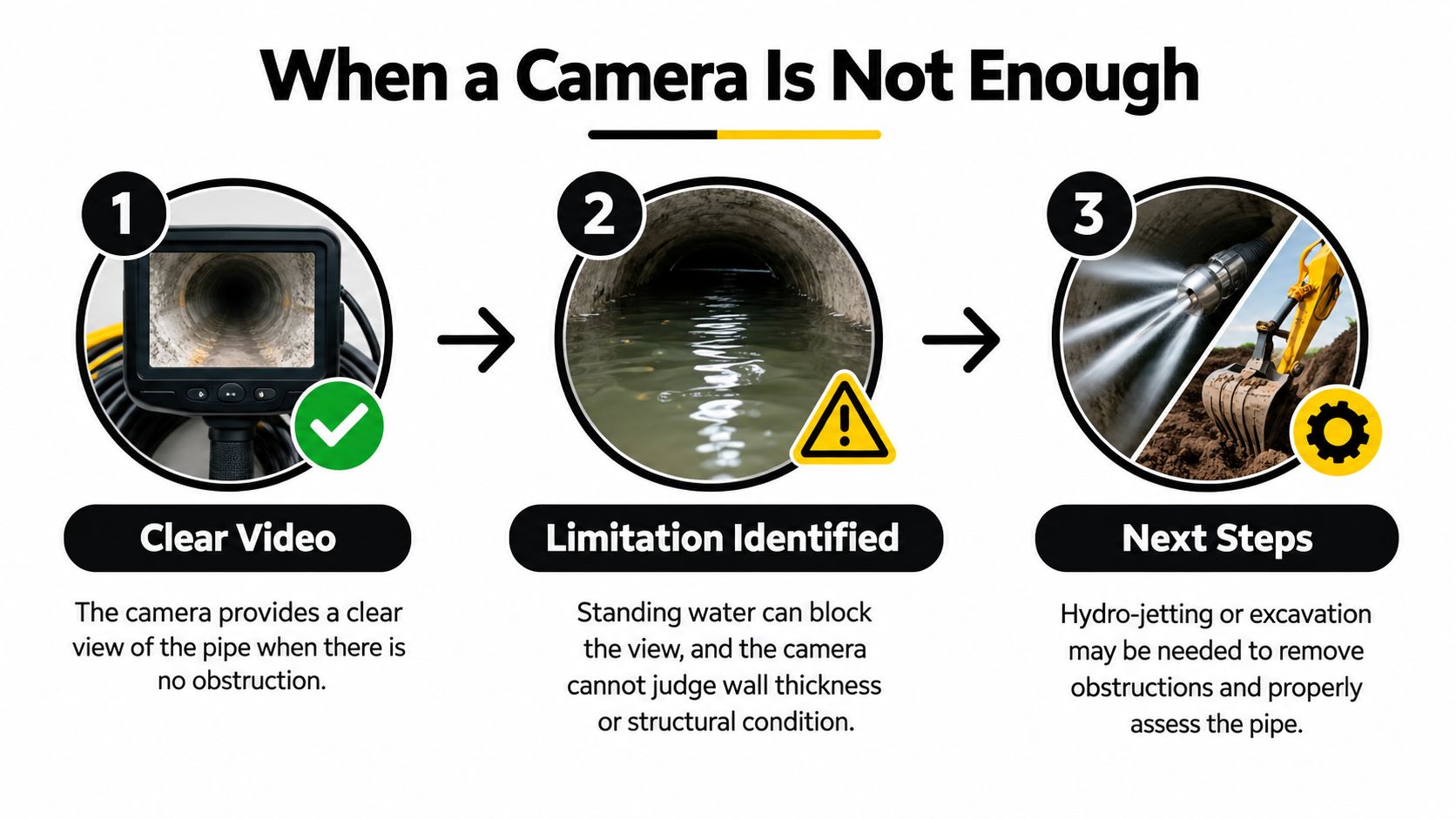 A diagram illustrating pipe inspection processes including camera views, identification of standing water, and hydro-jetting or excavation solutions.