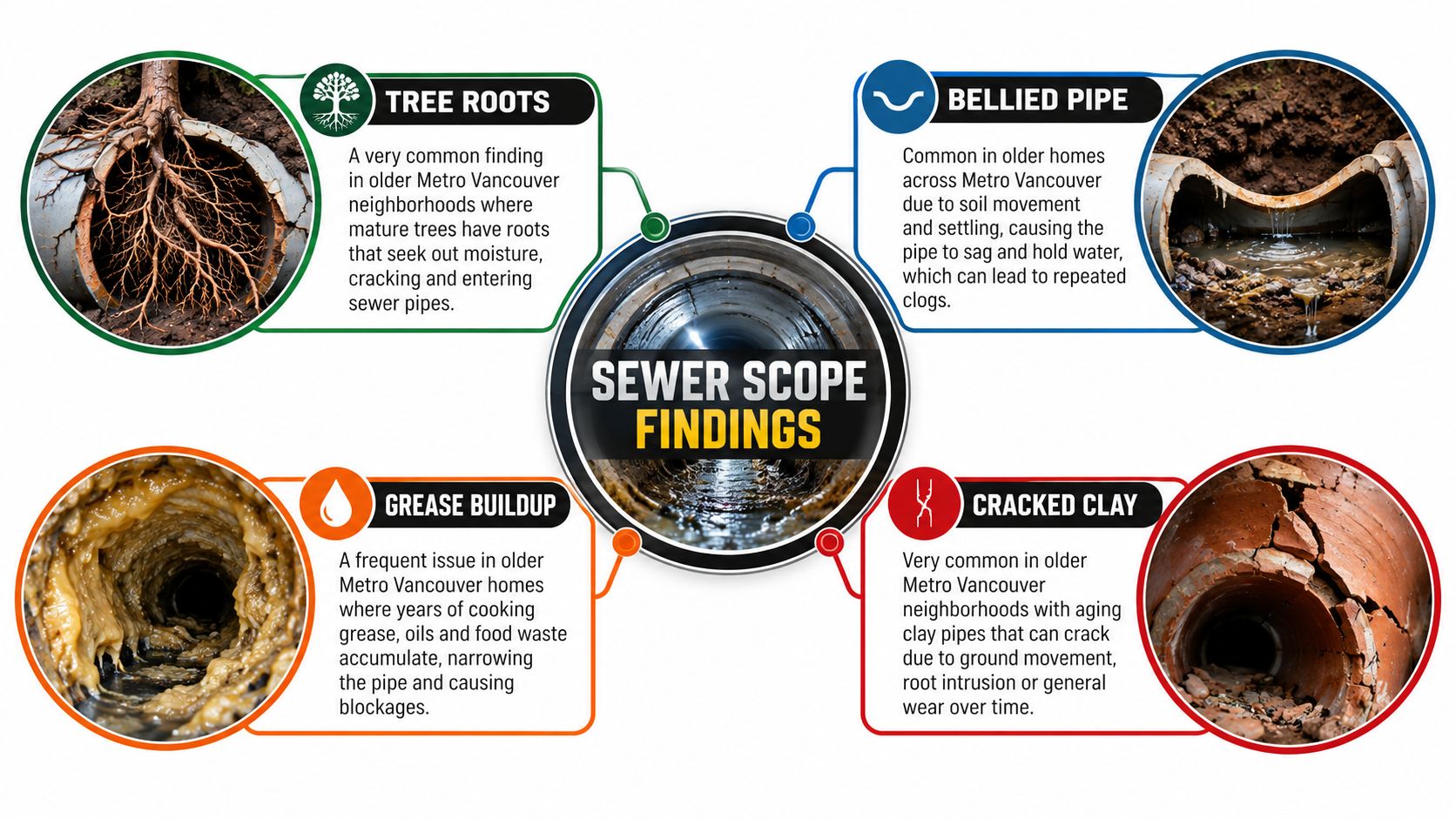 An infographic detailing common sewer scope findings including tree roots, bellied pipes, grease buildup, and cracked clay pipes.
