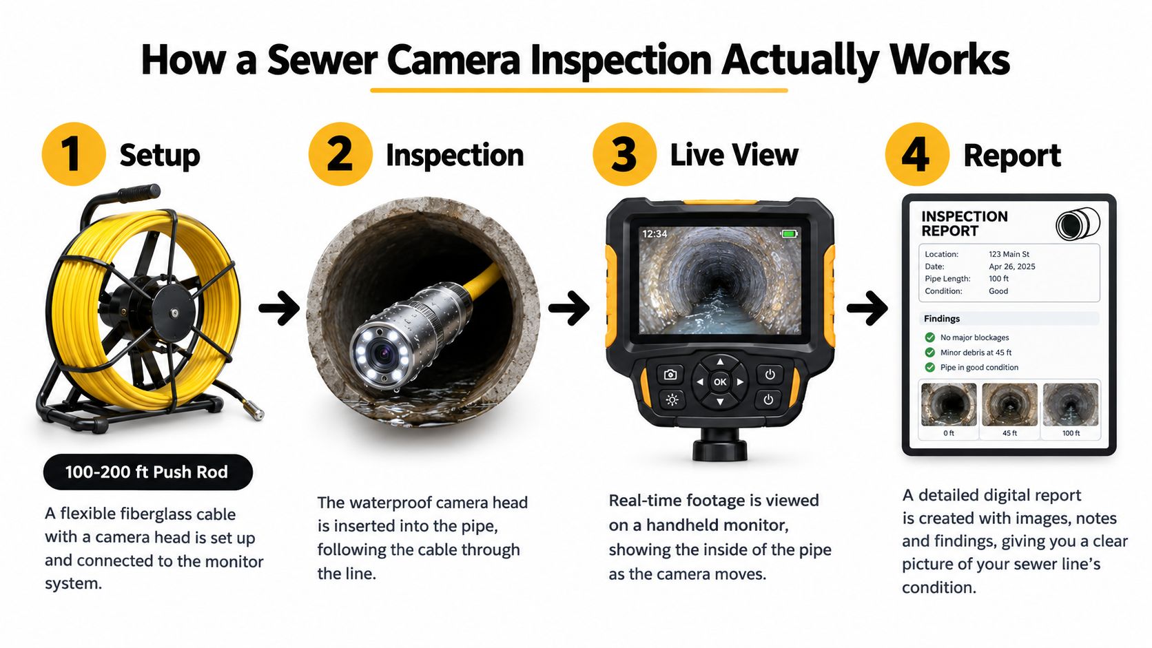 A four-step infographic illustrating how a professional sewer camera inspection works, from setup to final digital report.