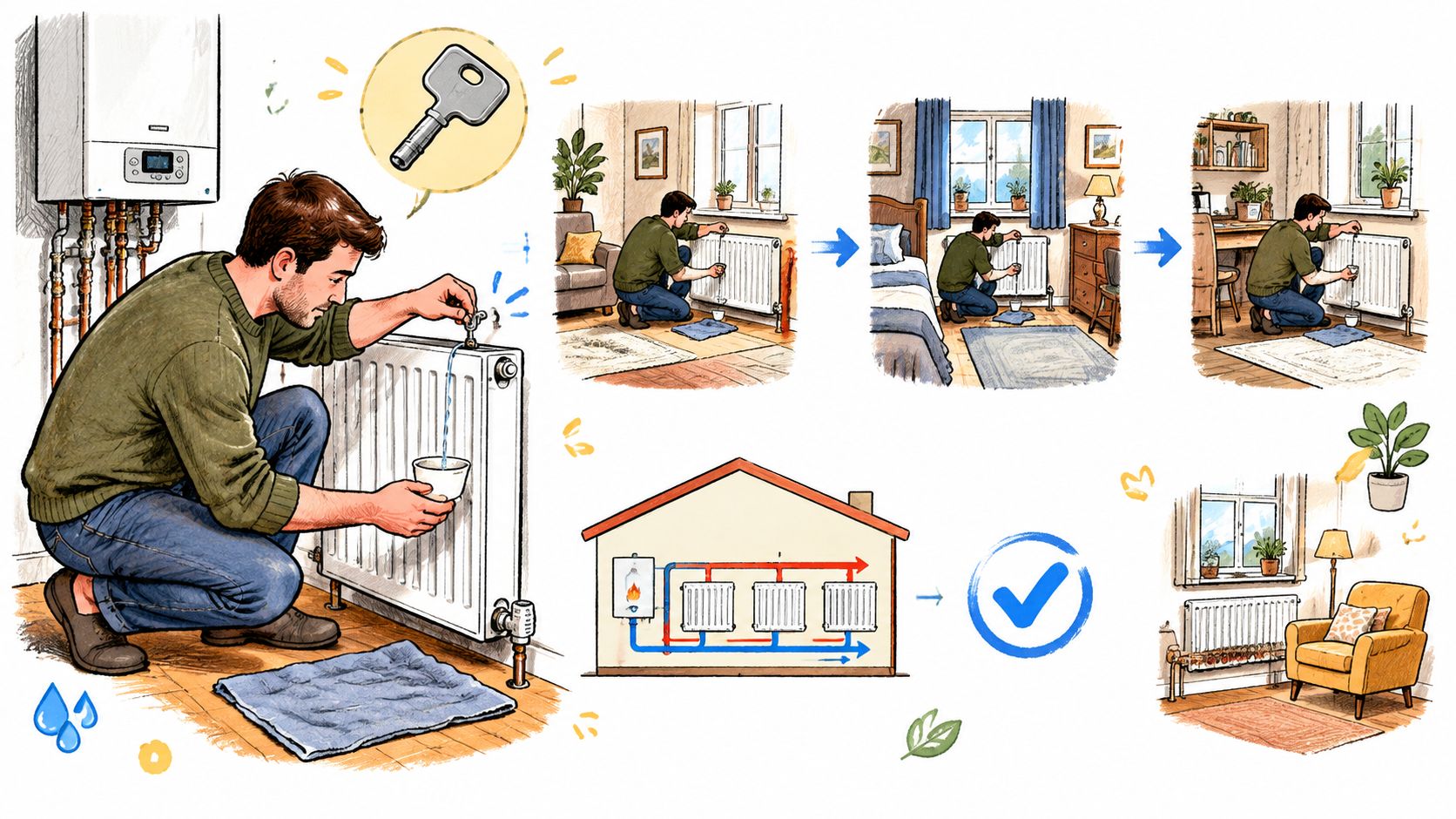 An illustration showing the step-by-step process of bleeding a home radiator to improve heating efficiency.