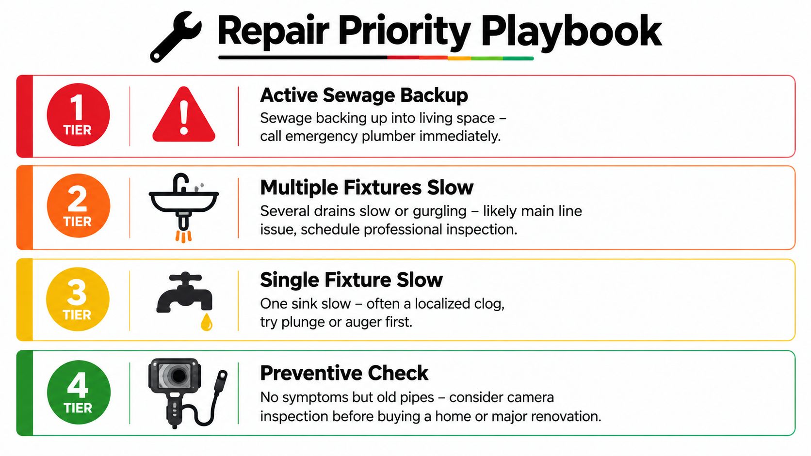 A repair priority playbook chart displaying four tiers of plumbing issues ranging from sewage backups to preventive checks.