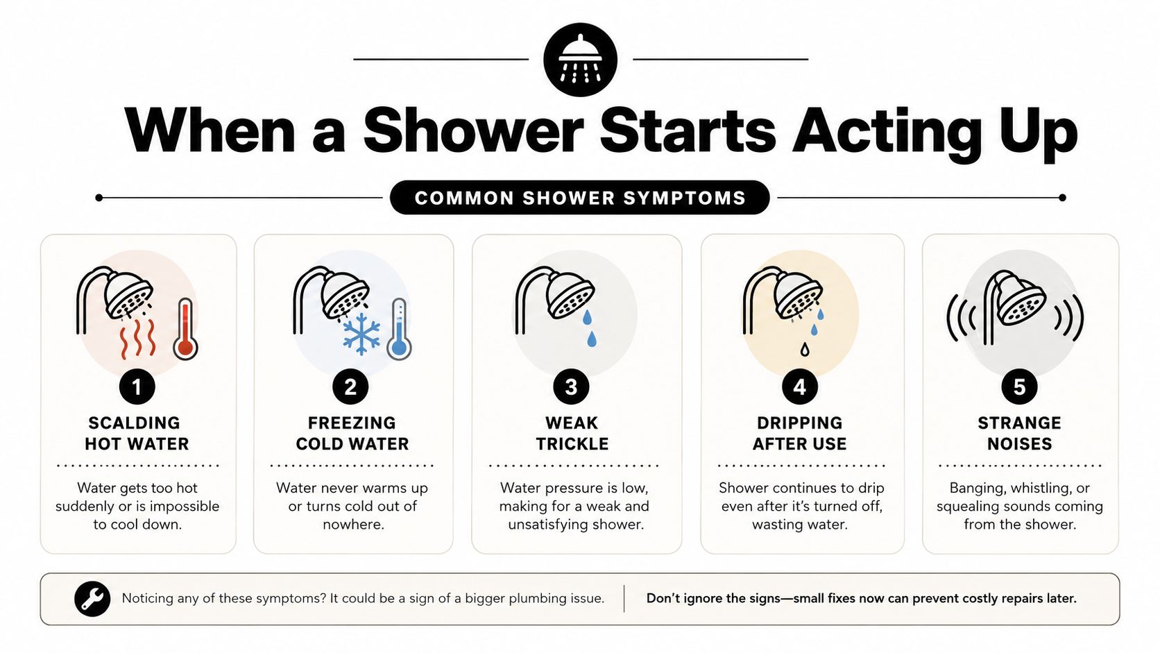 A visual guide outlining five common shower problems including temperature issues, water pressure, leaks, and strange noises.