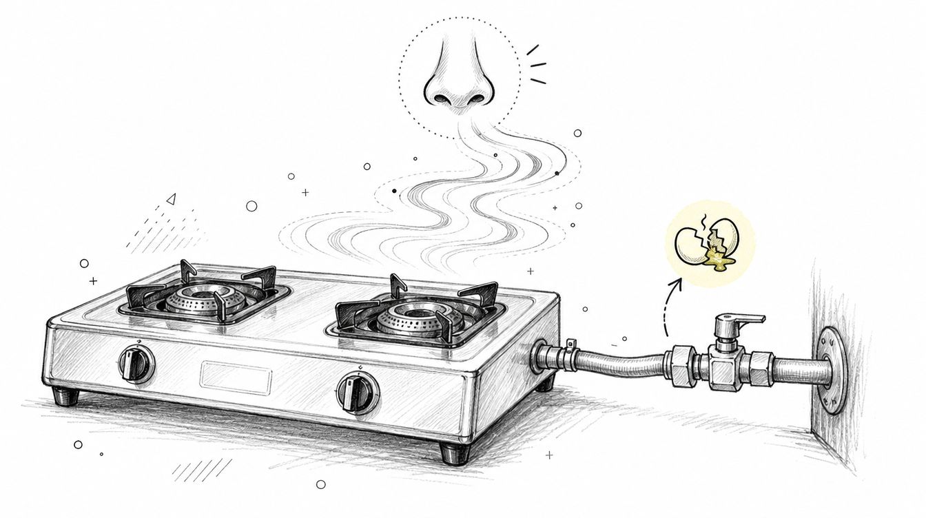 A black and white drawing depicting a gas stove with a smell alert and a broken egg icon.