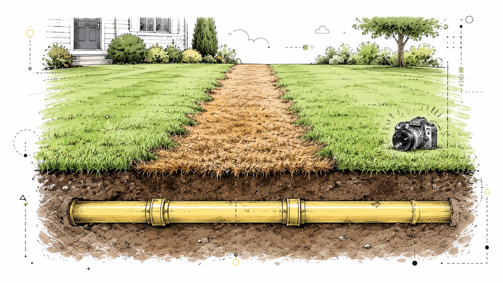 A cross-section illustration showing a yellow underground gas pipeline beneath a residential lawn with grass damage.