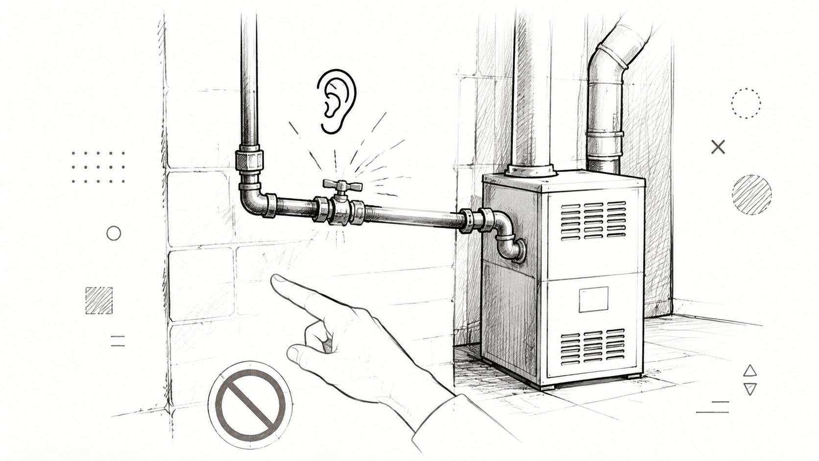 A hand points towards a gas line valve on a furnace with a listening icon above.