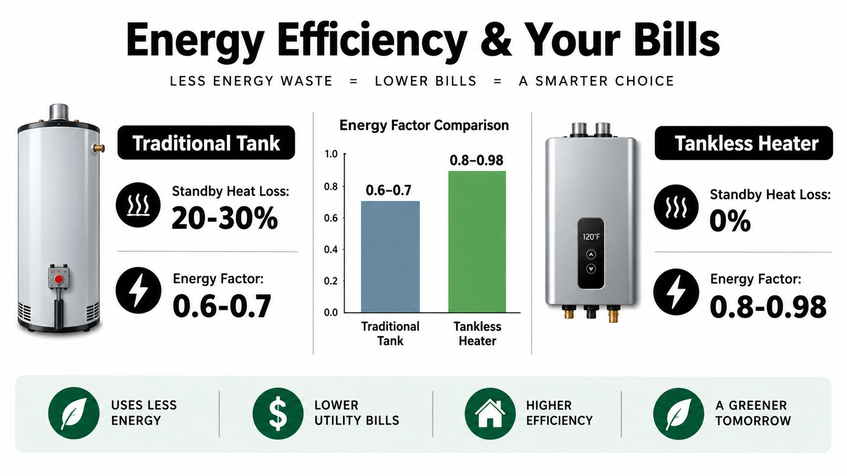 A comparative infographic showing the energy efficiency differences between traditional tank and tankless water heaters.