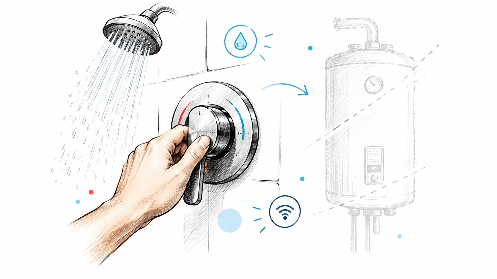 A hand adjusts a shower temperature handle, showing the connection to a smart water heater system.