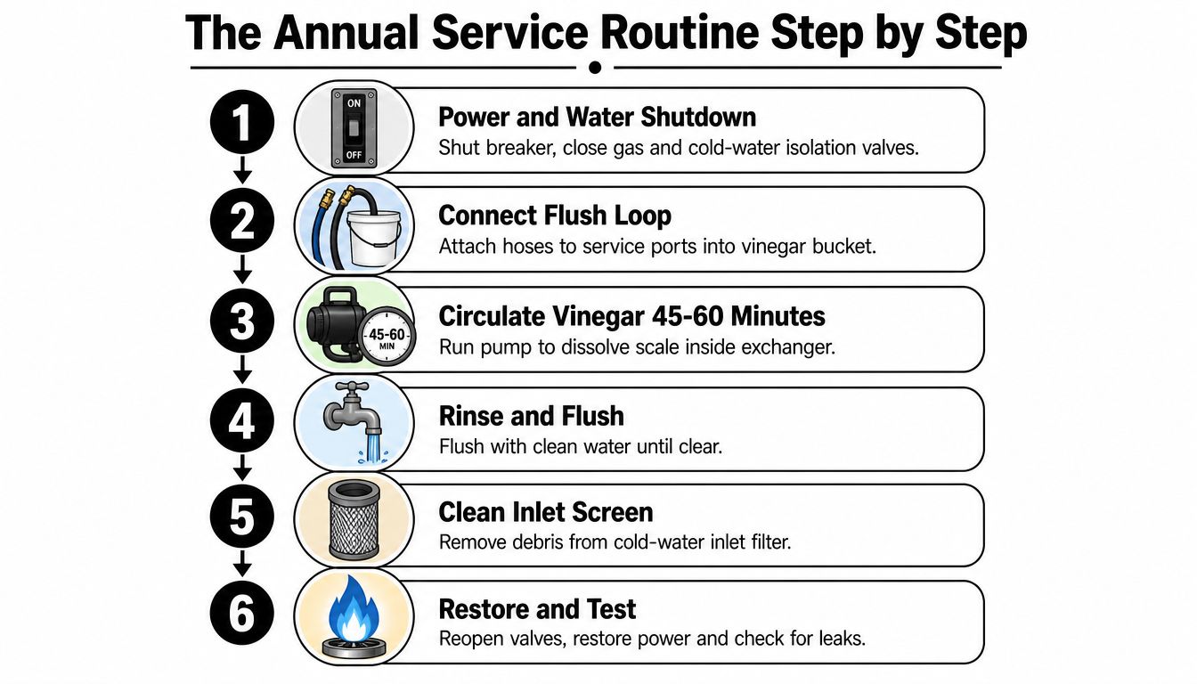 An infographic showing six sequential steps for performing an annual service on a tankless water heater.