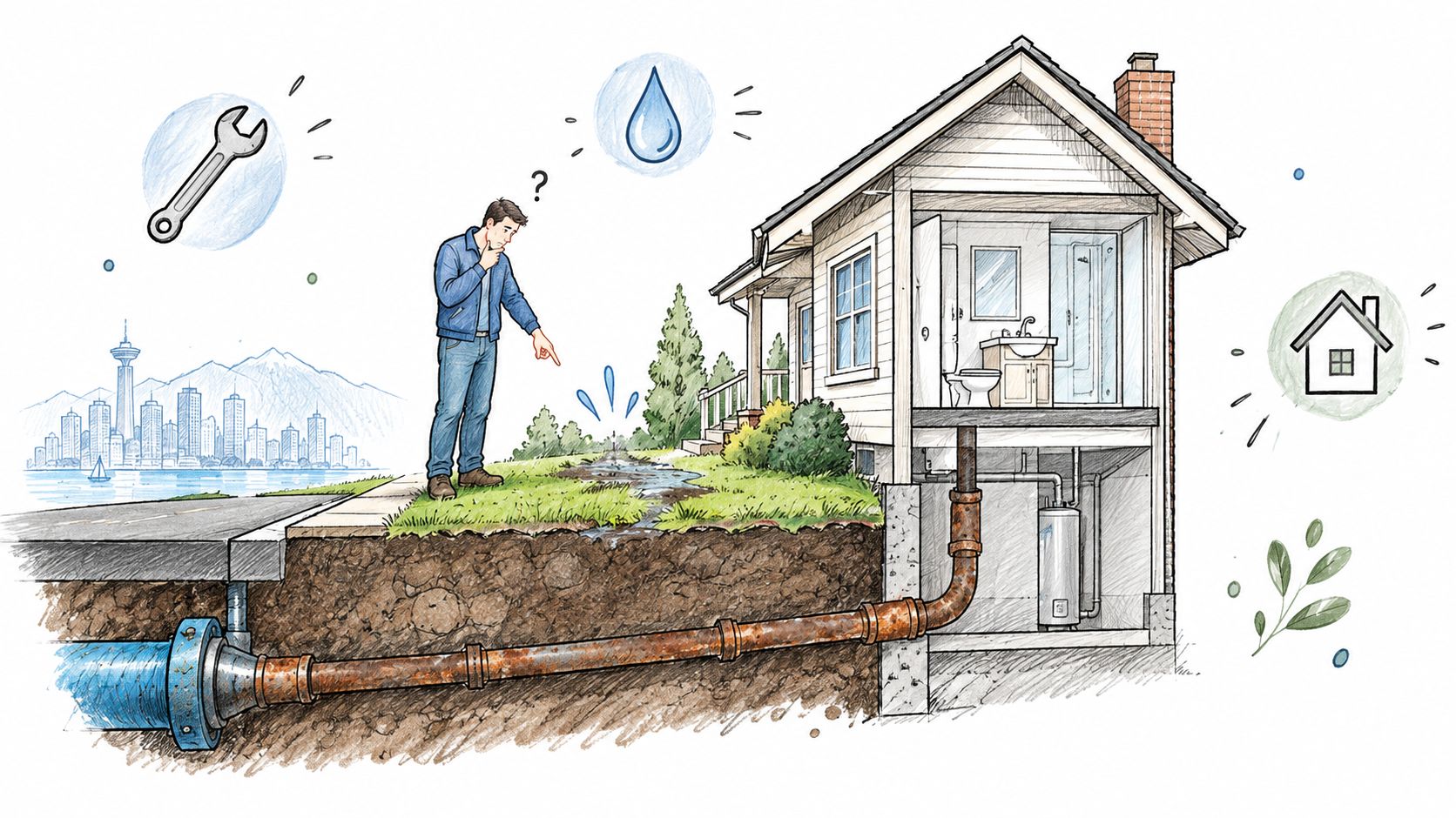 A man observing a burst pipe leaking water in his front yard near his home foundation.