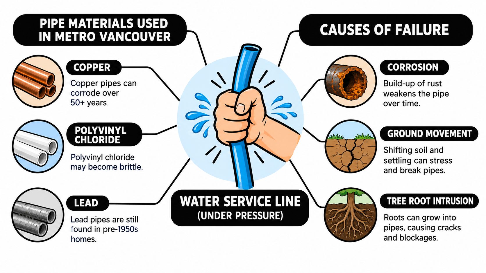 An infographic detailing common water service pipe materials used and primary causes of failure in Metro Vancouver.