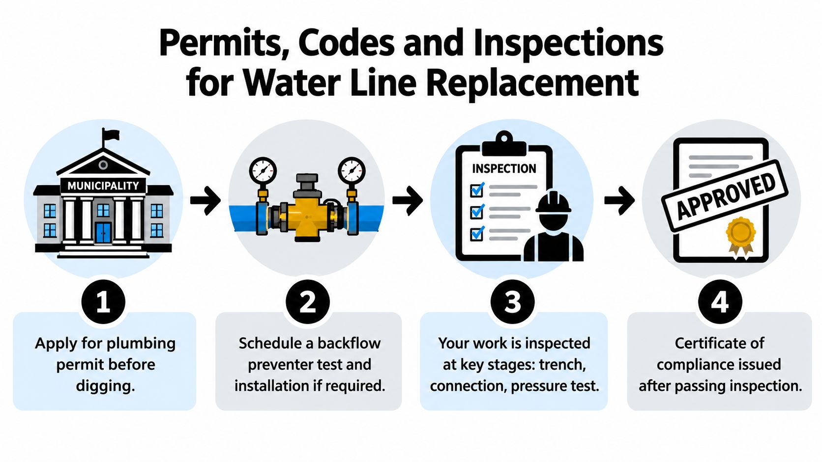 A four-step infographic illustrating the required permits, codes, and inspection process for water line replacement projects.